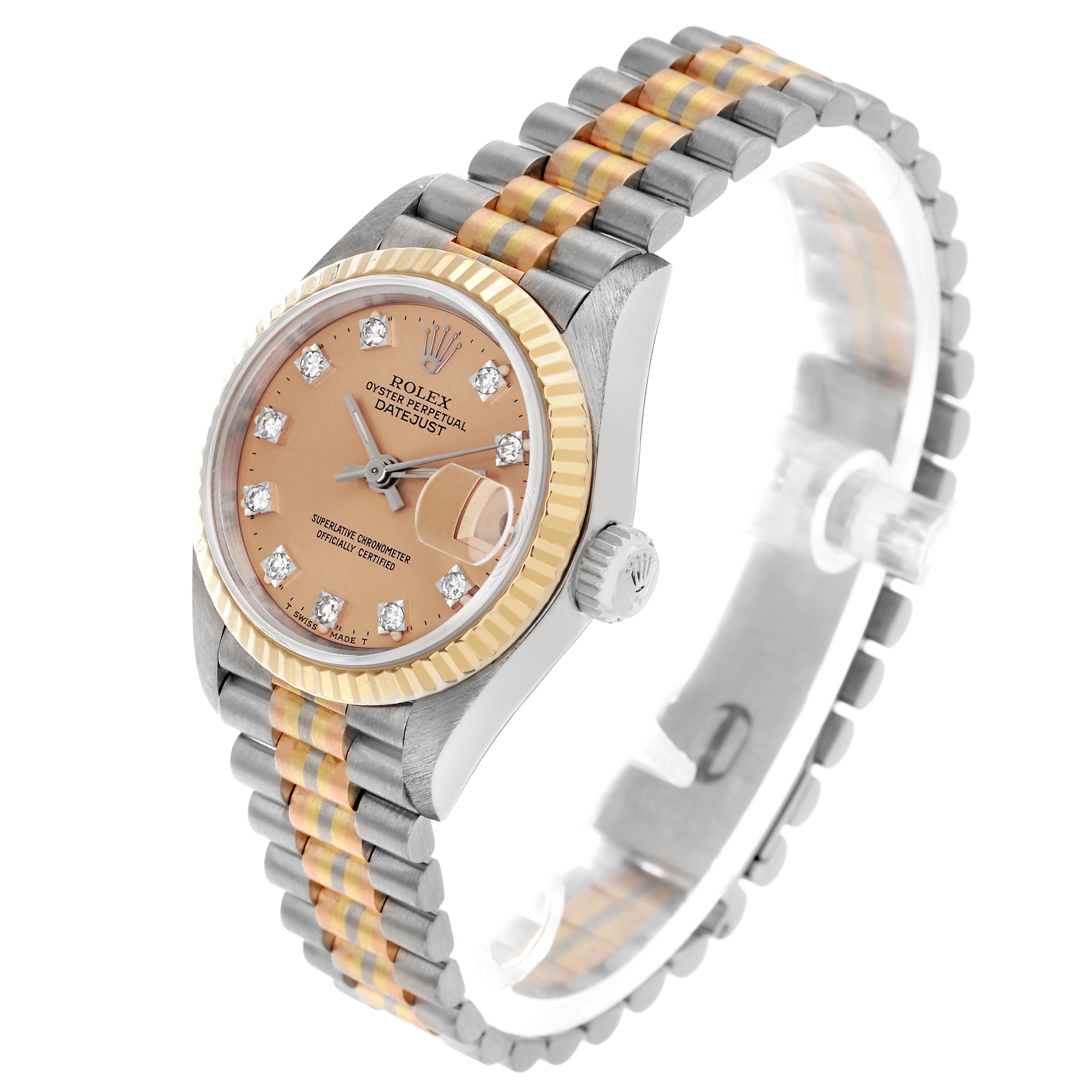 The Rolex President 69179 Women's White Gold Brown Dial model watch is shown at a three-quarter angle highlighting the face, bezel, crown, and bracelet.