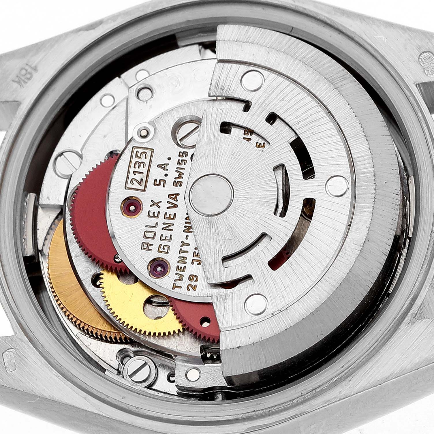 The image shows the internal movement mechanism of a Rolex President 69179 Women's White Gold Brown Dial watch from a top-down angle.