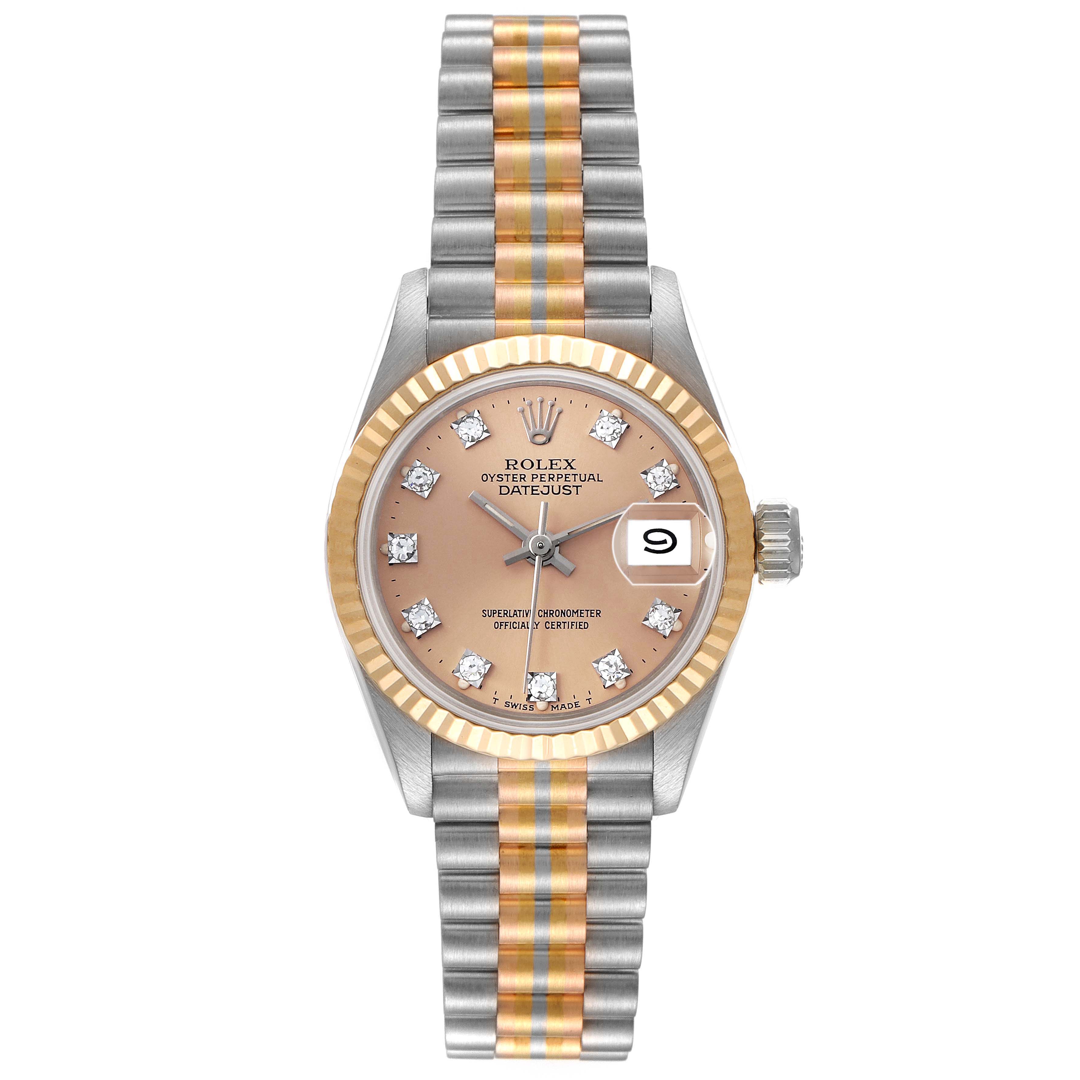 The Rolex President 69179 Women's White Gold Brown Dial watch is shown from the front, displaying its face, fluted bezel, and jubilee bracelet.