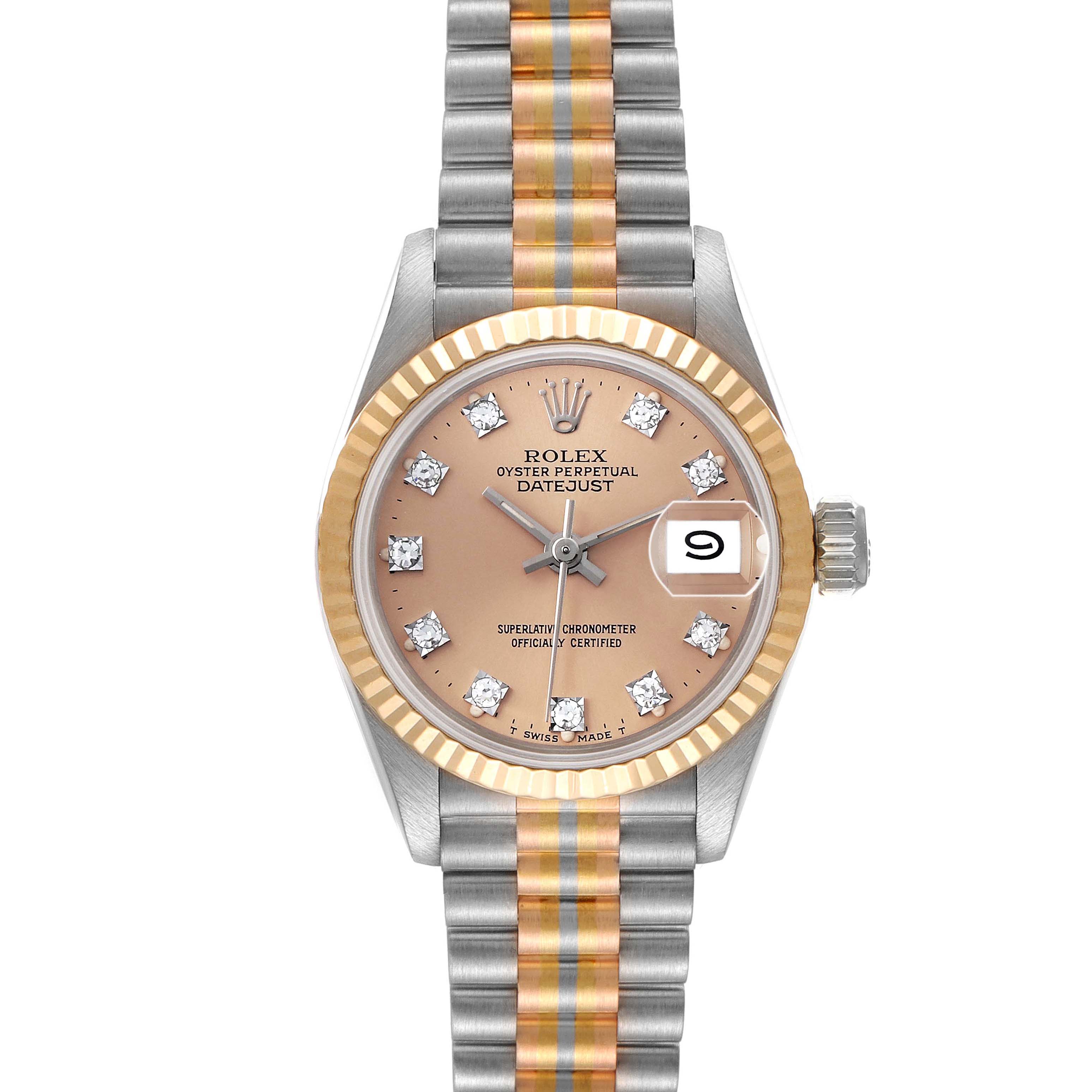 This Rolex President 69179 Women's White Gold Brown Dial watch is shown from above, featuring a fluted bezel, diamond markers, and a two-tone bracelet.