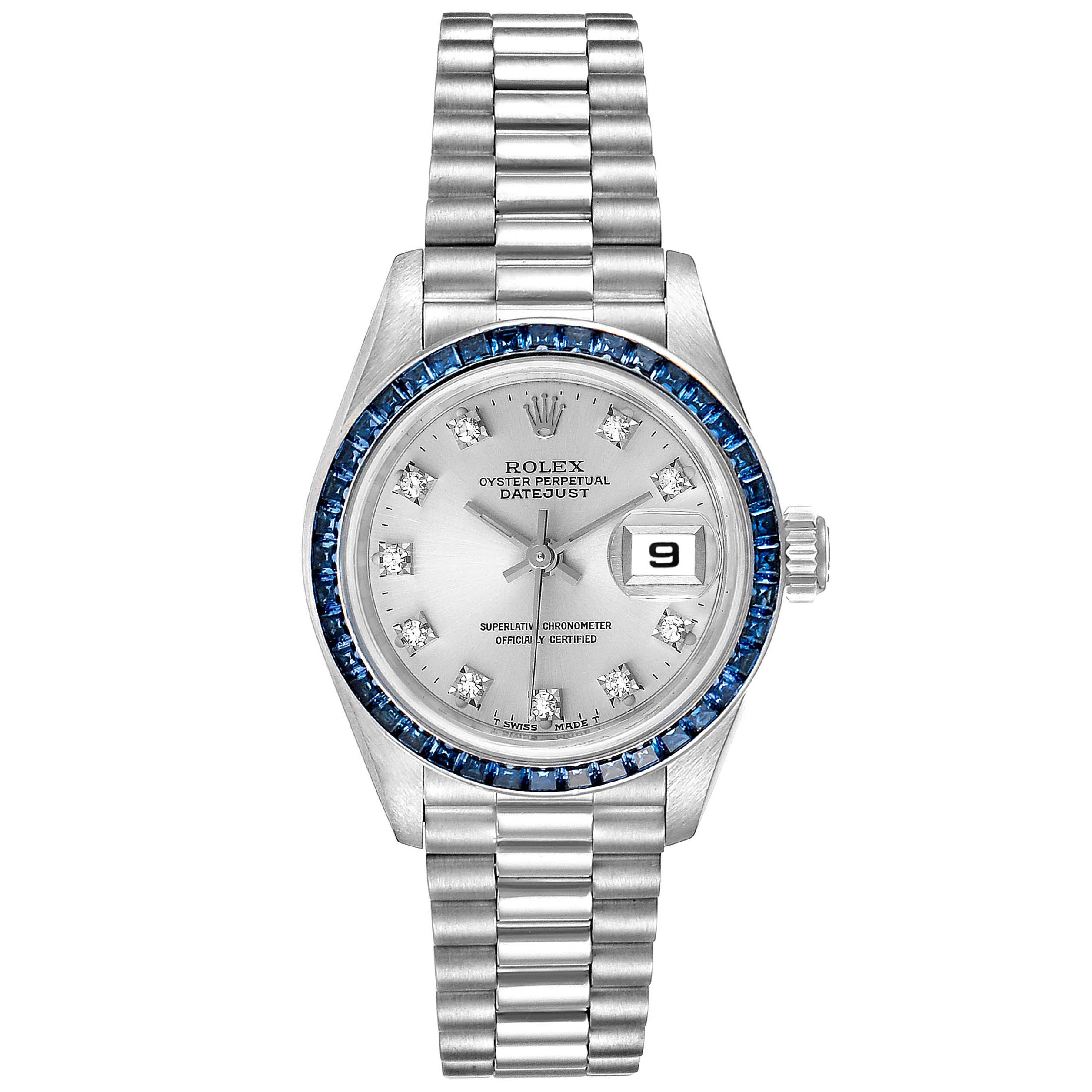 The image displays a front view of a Rolex President 69119 Women's White Gold Silver Dial 69119 Women's White Gold Silver Dial model watch, showing its face, bezel, dial, hands, and bracelet.