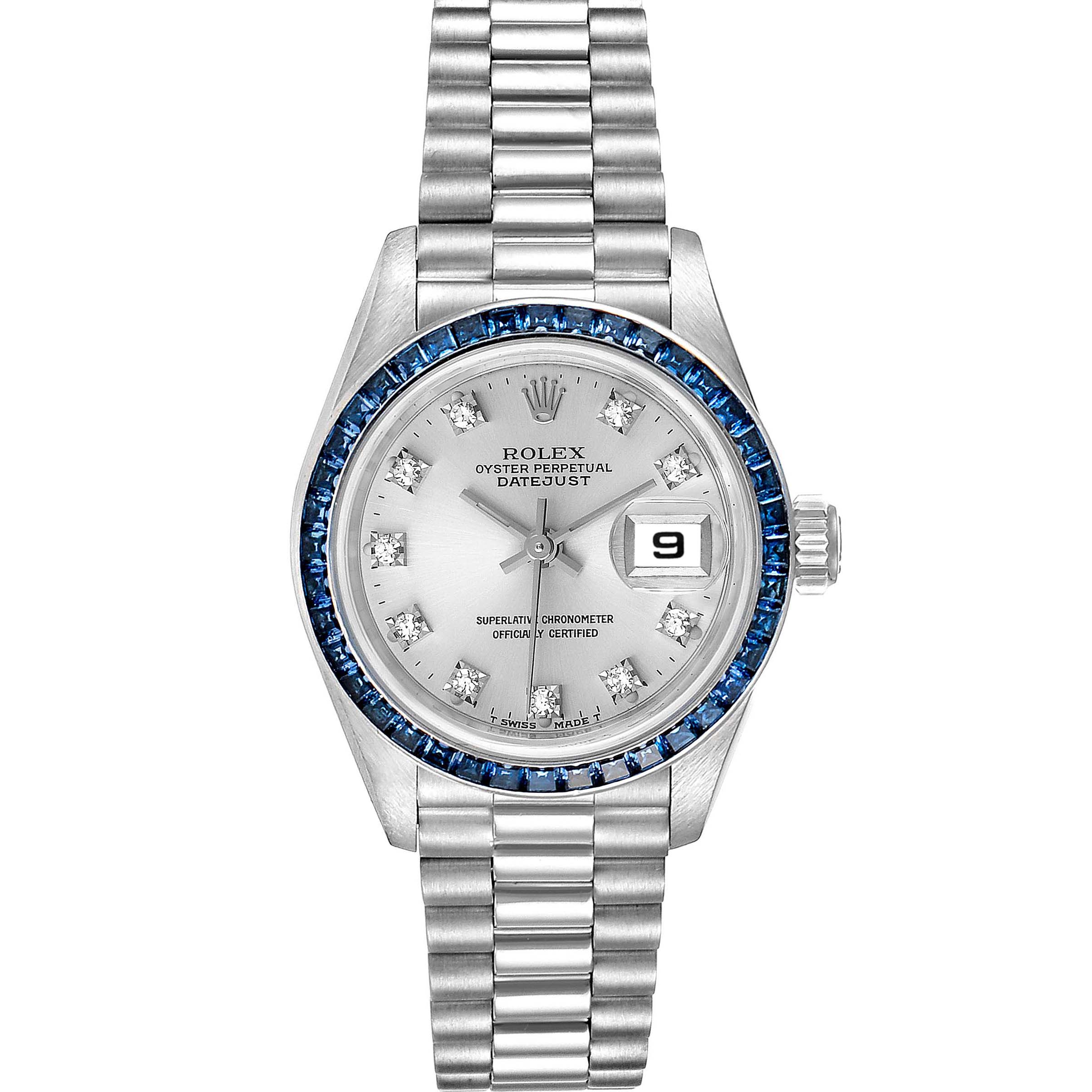 This image shows a Rolex President 69119 Women's White Gold Silver Dial 69119 Women's White Gold Silver Dial Datejust model watch from the front, displaying the face, bezel, bracelet, and crown.