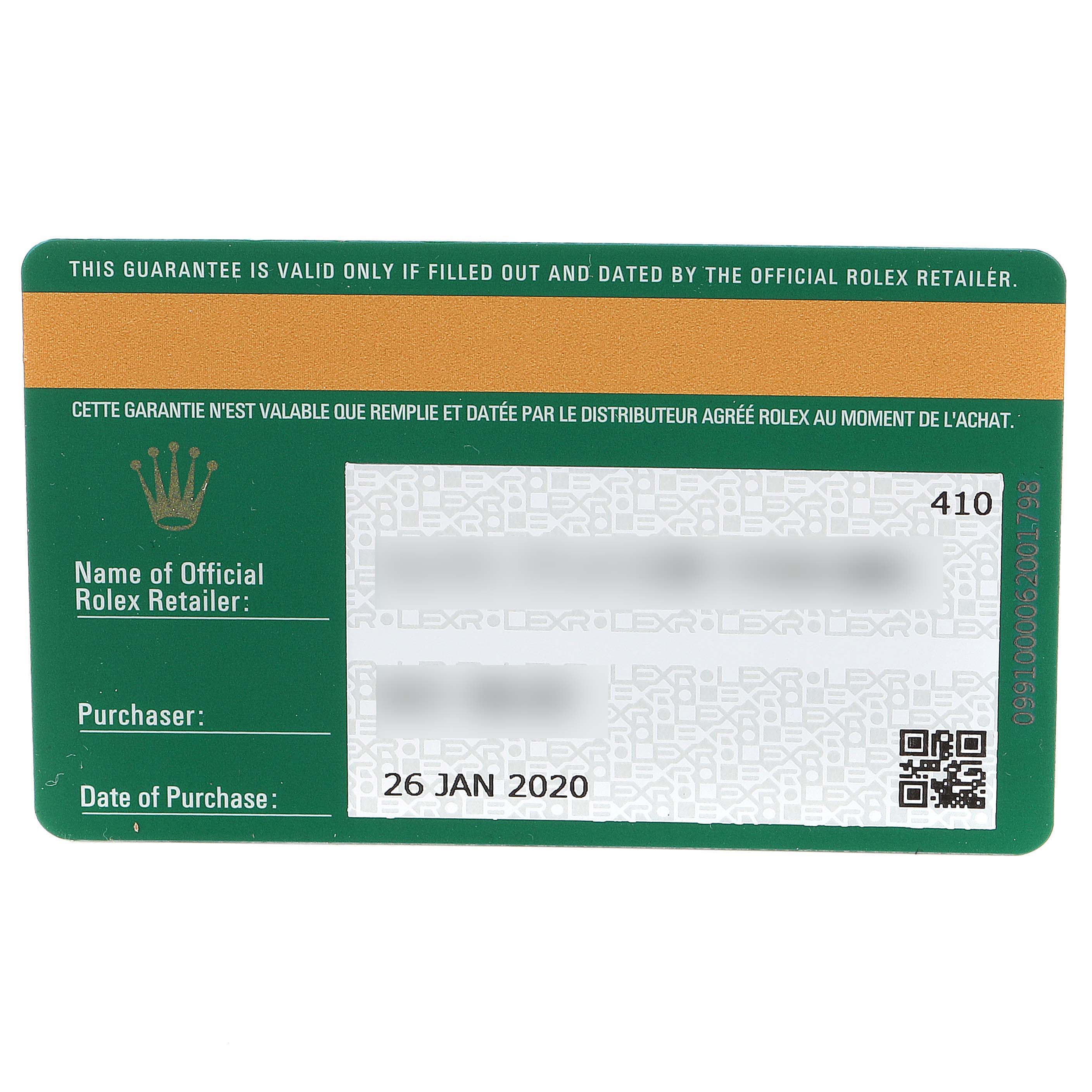 This is a top-view image of a Rolex guarantee card for the Sea-Dweller model, showing purchase and retailer details.