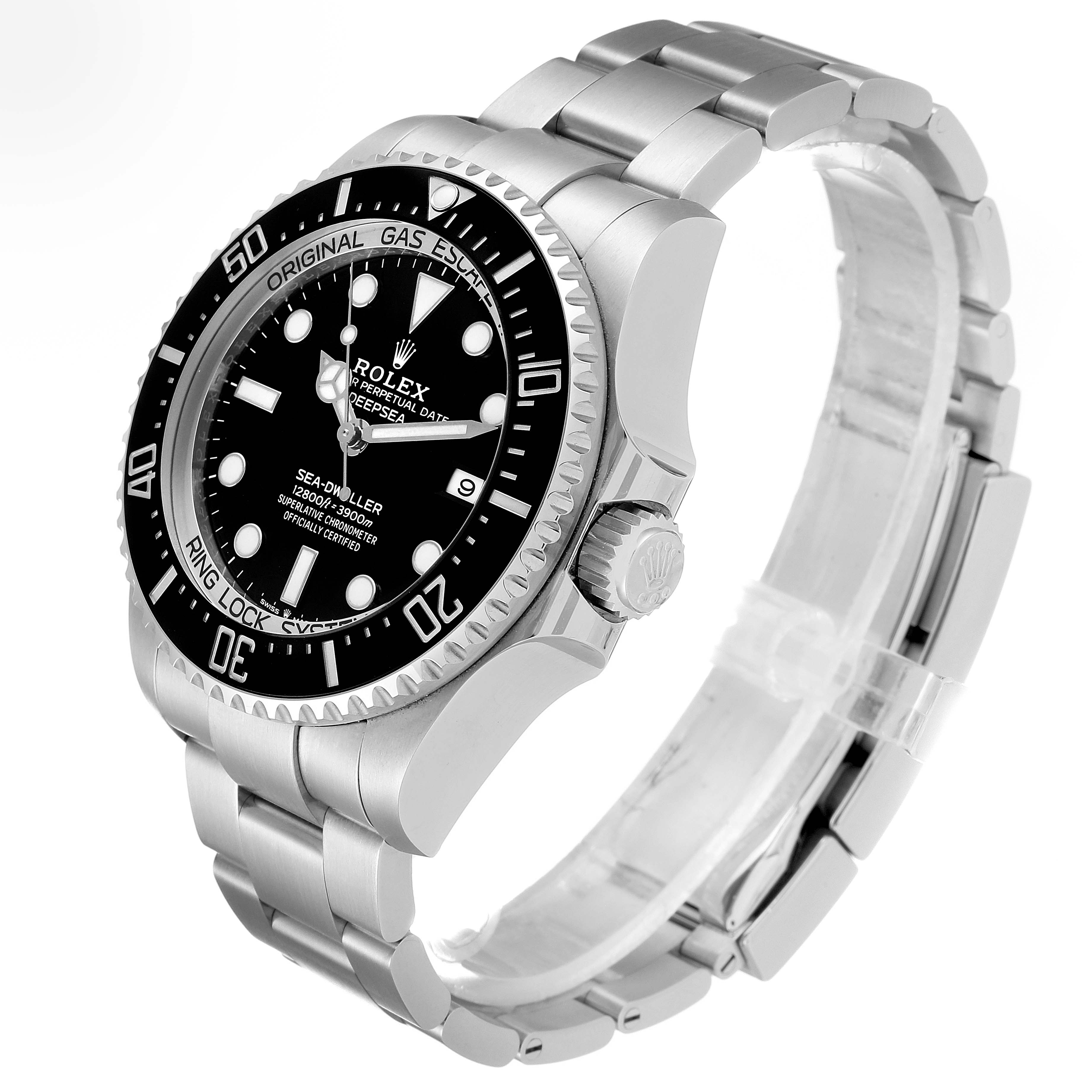 The image shows a side angle view of the Rolex Sea-Dweller 126660 Men's Stainless Steel Black Dial 126660 Men's Stainless Steel Black Dial watch, highlighting the face, bezel, crown, and bracelet.