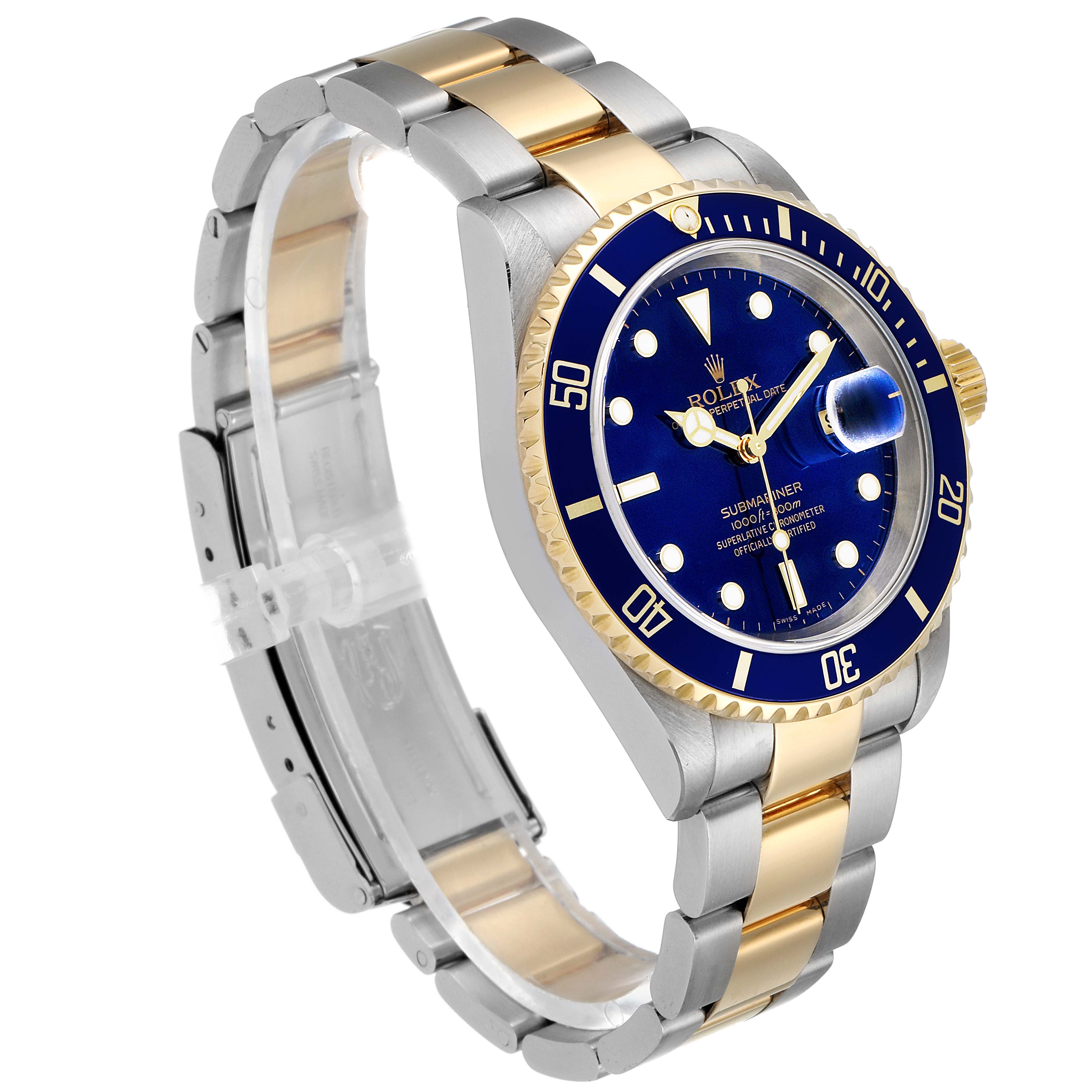 The image shows a Rolex Submariner 16613 Men's Steel and Gold (two tone) Blue Dial 16613 Men's Steel and Gold (two tone) Blue Dial at a three-quarter angle, highlighting the bracelet, bezel, dial, and crown.