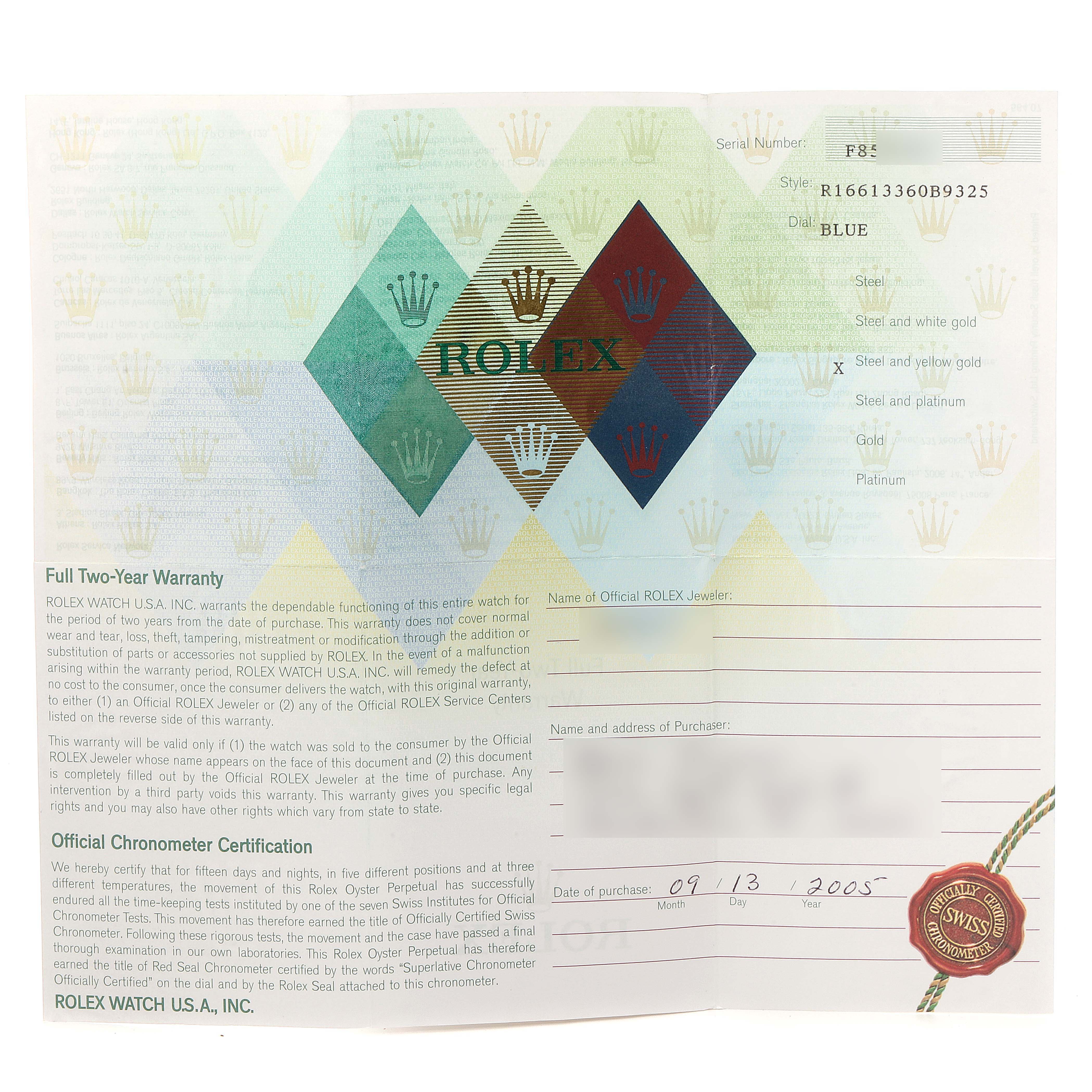 The image shows a warranty certificate for a Rolex Submariner 16613 Men's Steel and Gold (two tone) Blue Dial 16613 Men's Steel and Gold (two tone) Blue Dial watch.