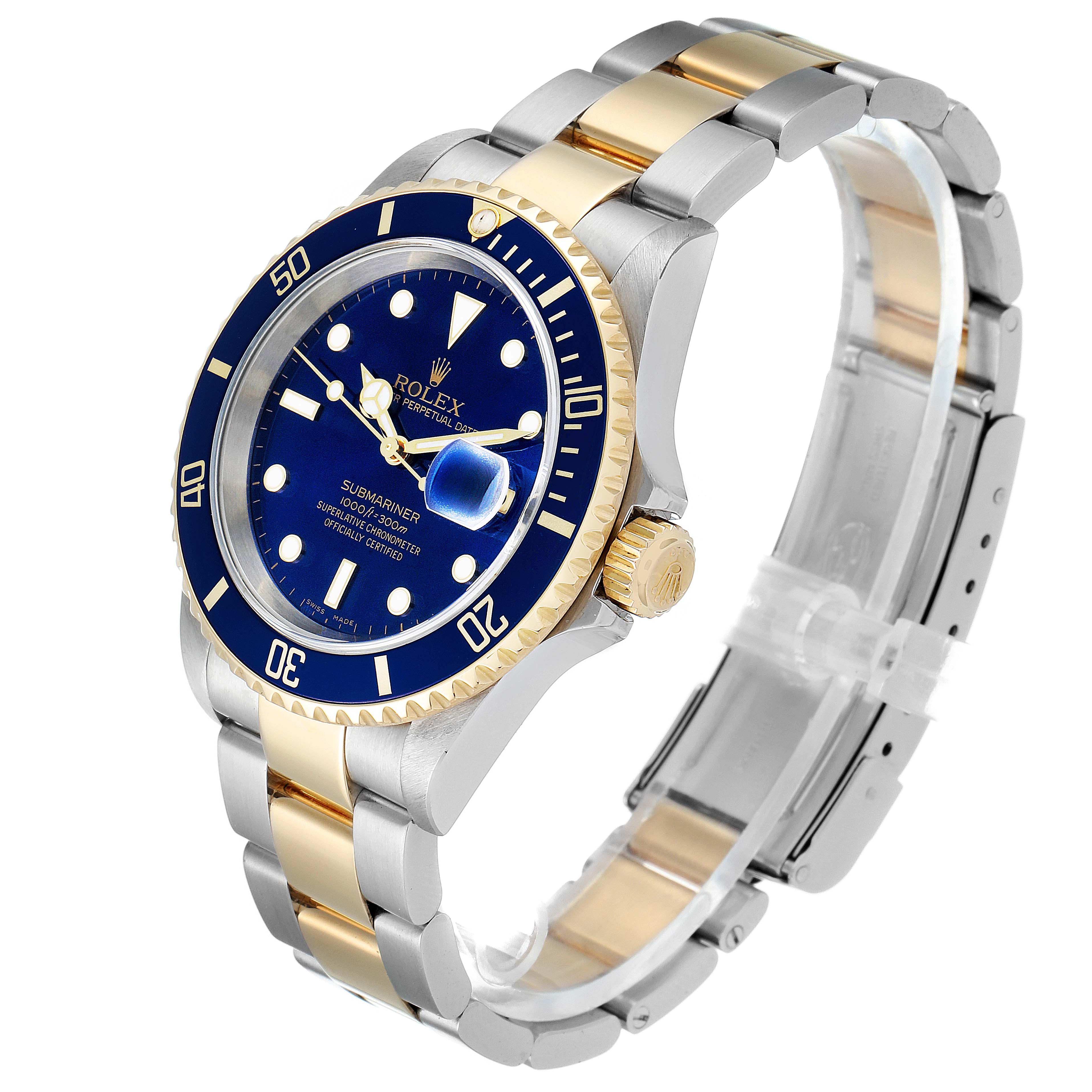 The Rolex Submariner 16613 Men's Steel and Gold (two tone) Blue Dial 16613 Men's Steel and Gold (two tone) Blue Dial watch is shown at an angle displaying the blue dial, bezel, two-tone band, and crown.