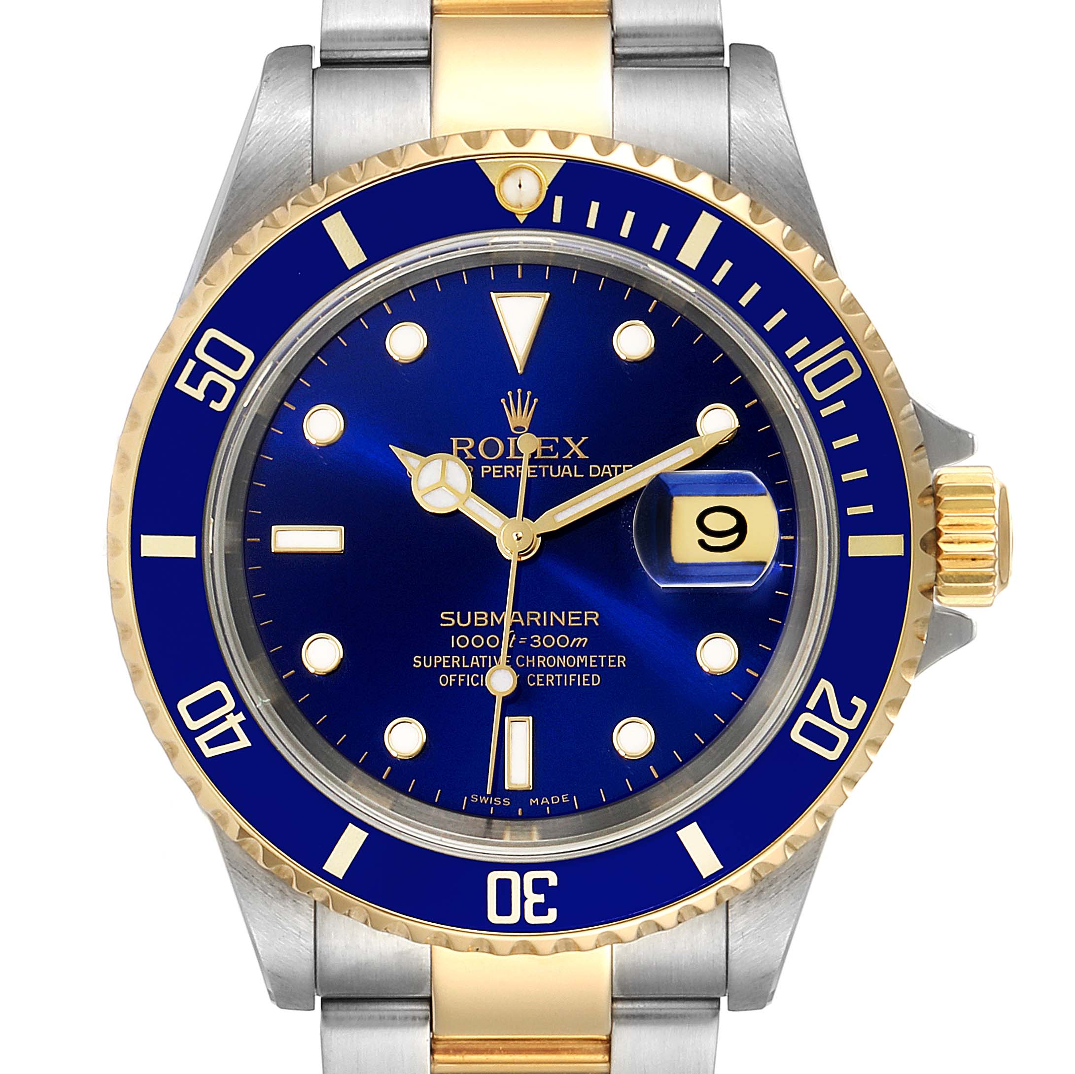 The image shows a front view of a Rolex Submariner 16613 Men's Steel and Gold (two tone) Blue Dial 16613 Men's Steel and Gold (two tone) Blue Dial watch, highlighting its blue dial, gold accents, and stainless steel band.