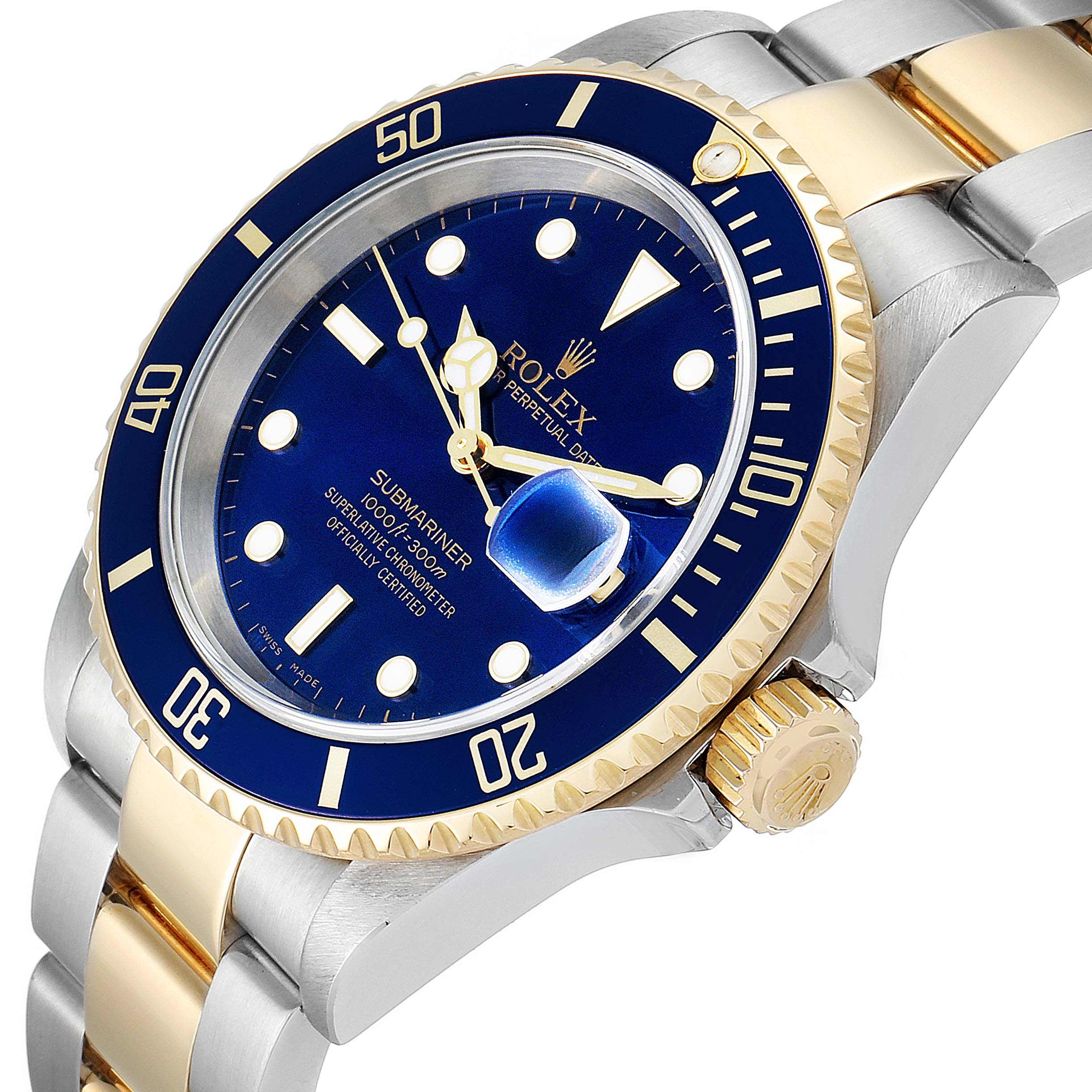 This image shows a Rolex Submariner 16613 Men's Steel and Gold (two tone) Blue Dial 16613 Men's Steel and Gold (two tone) Blue Dial watch from an angled close-up, highlighting the dial, bezel, crown, and part of the bracelet.