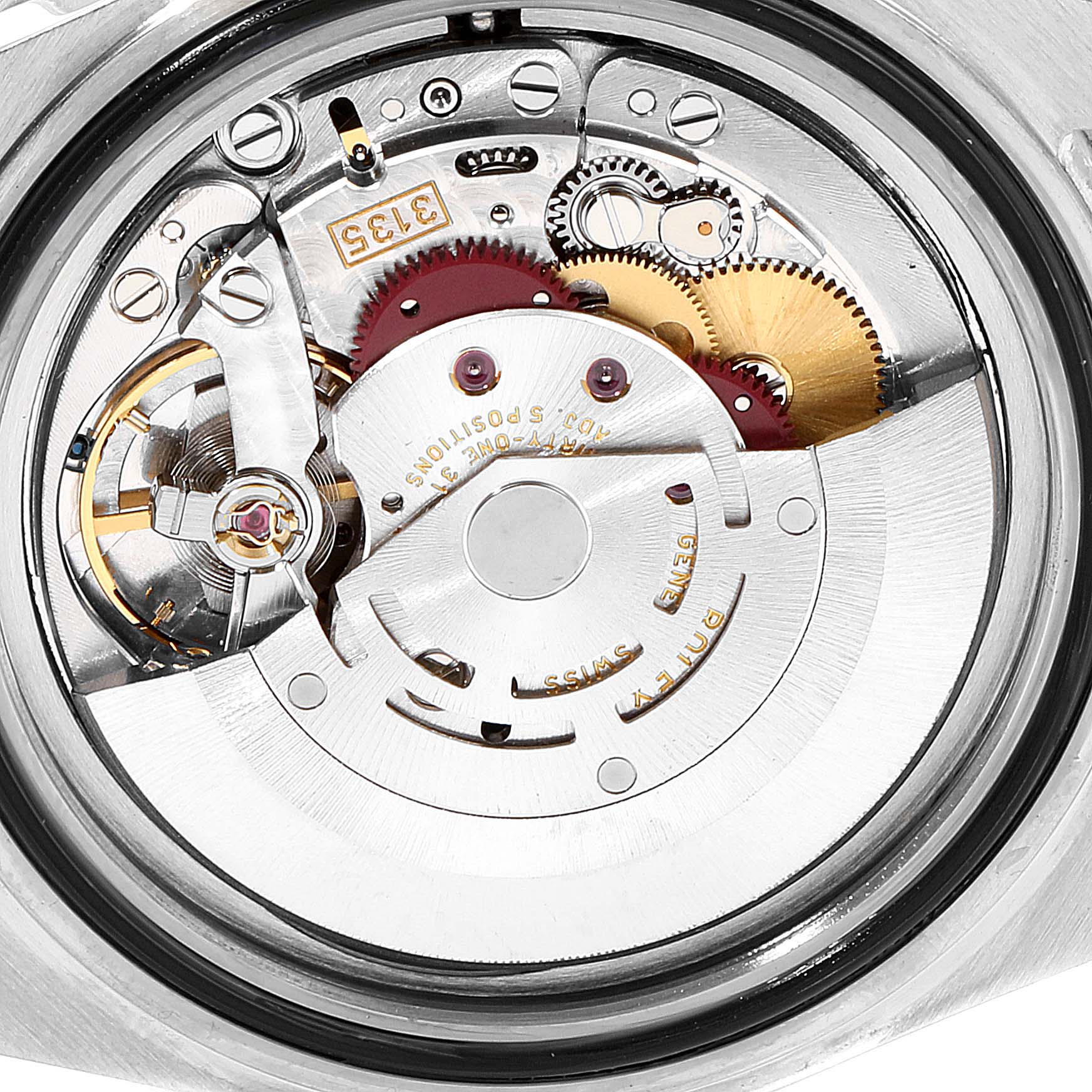 This image shows a close-up view of the movement mechanism of a Rolex Submariner 16613 Men's Steel and Gold (two tone) Blue Dial 16613 Men's Steel and Gold (two tone) Blue Dial watch.