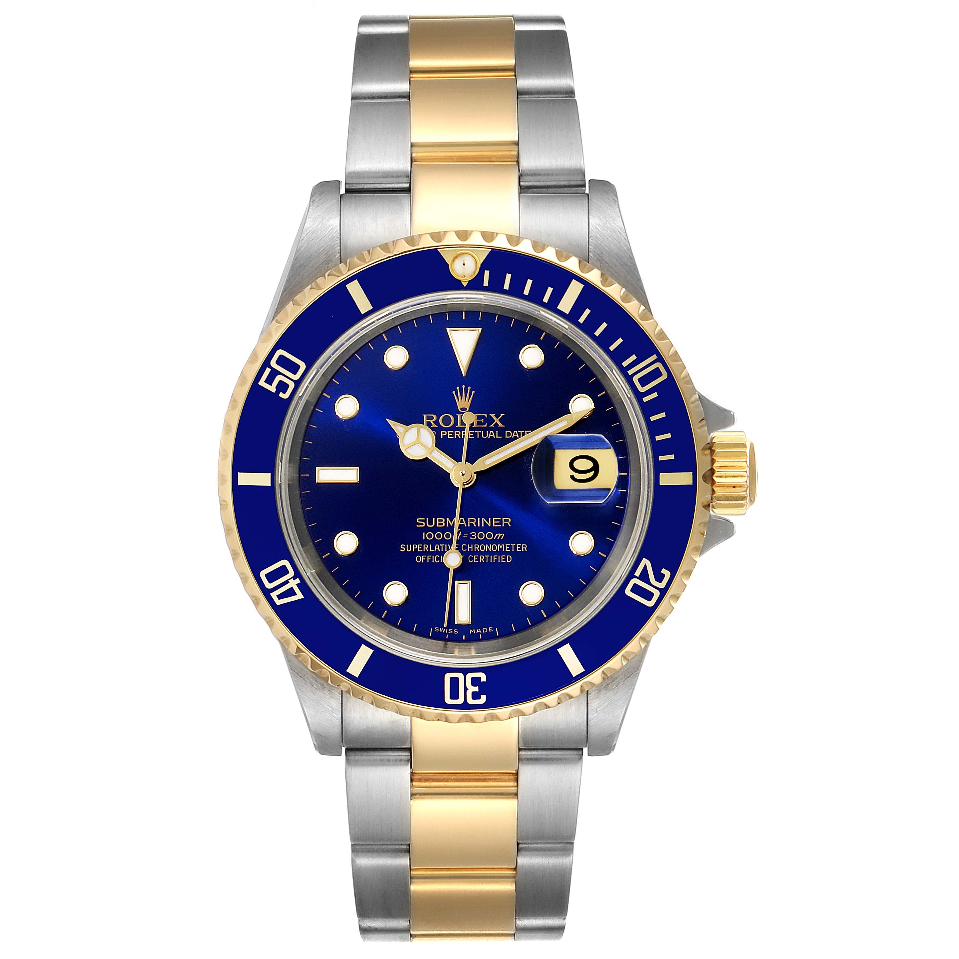 This image shows a frontal view of a Rolex Submariner 16613 Men's Steel and Gold (two tone) Blue Dial 16613 Men's Steel and Gold (two tone) Blue Dial watch, highlighting its blue dial, gold and silver bracelet, and date display.