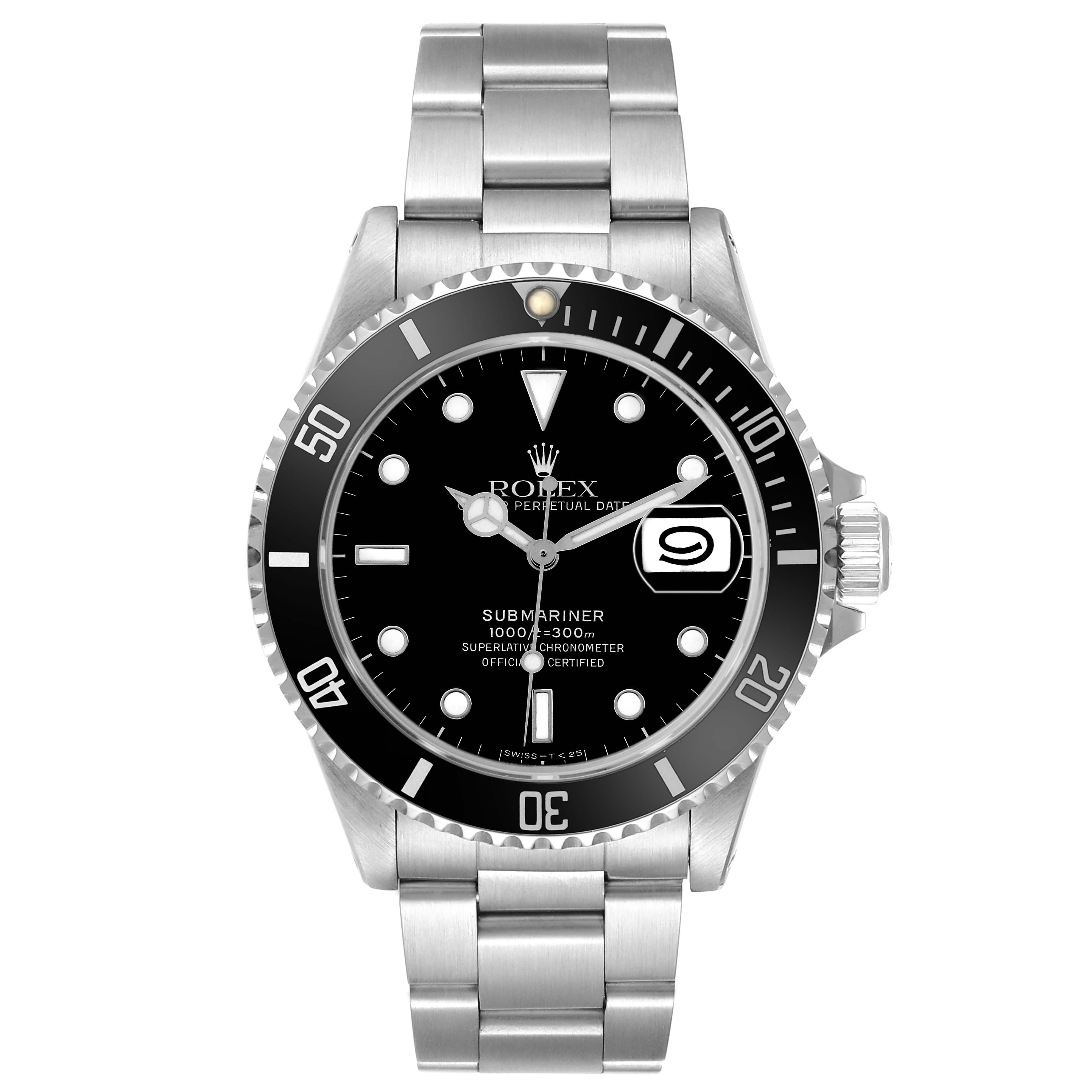 The Rolex Submariner 16610 Men's Stainless Steel Black Dial watch is shown from a front angle, displaying the dial, bezel, bracelet, and crown.