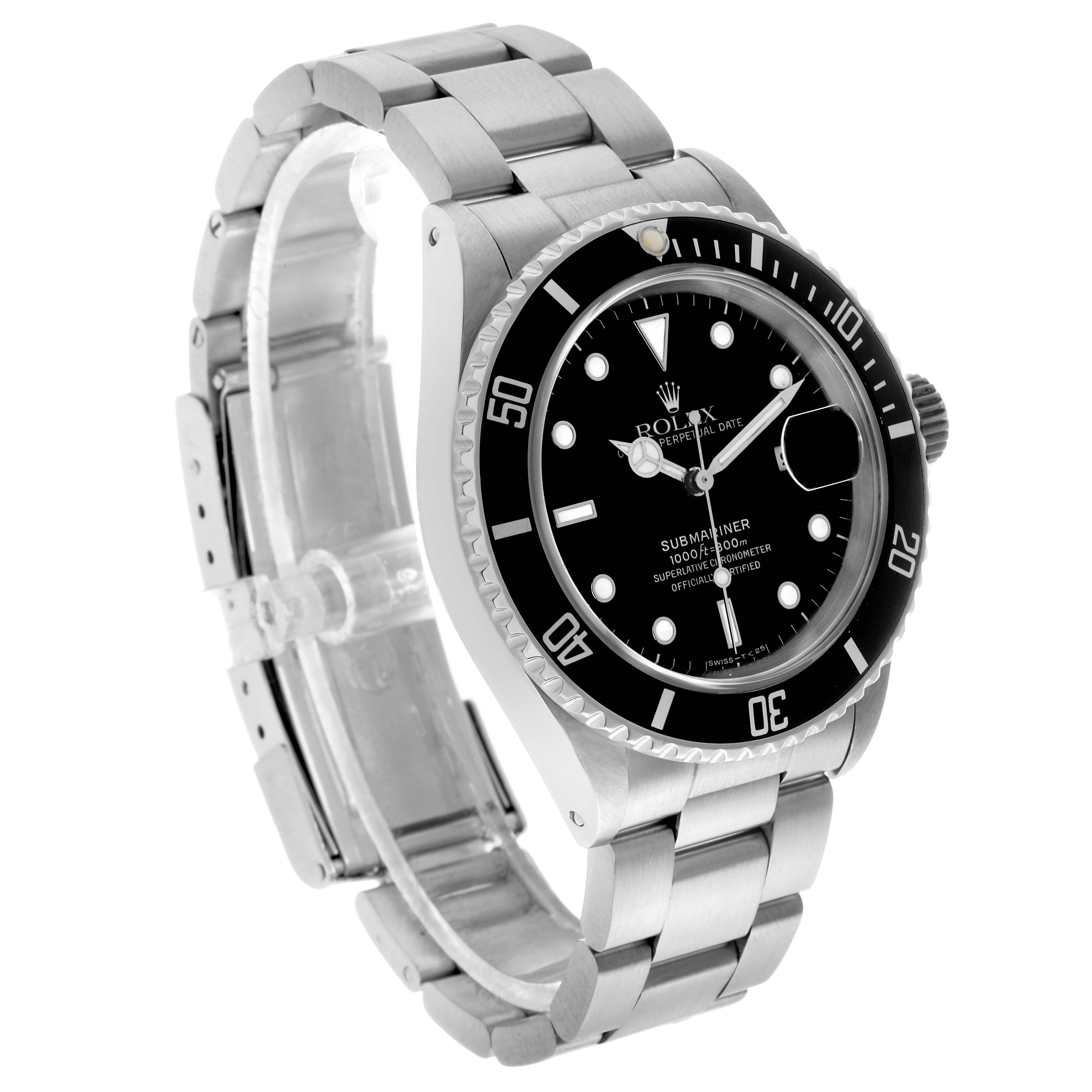 The Rolex Submariner 16610 Men's Stainless Steel Black Dial is shown at a three-quarter angle, highlighting the dial, bezel, crown, and bracelet.
