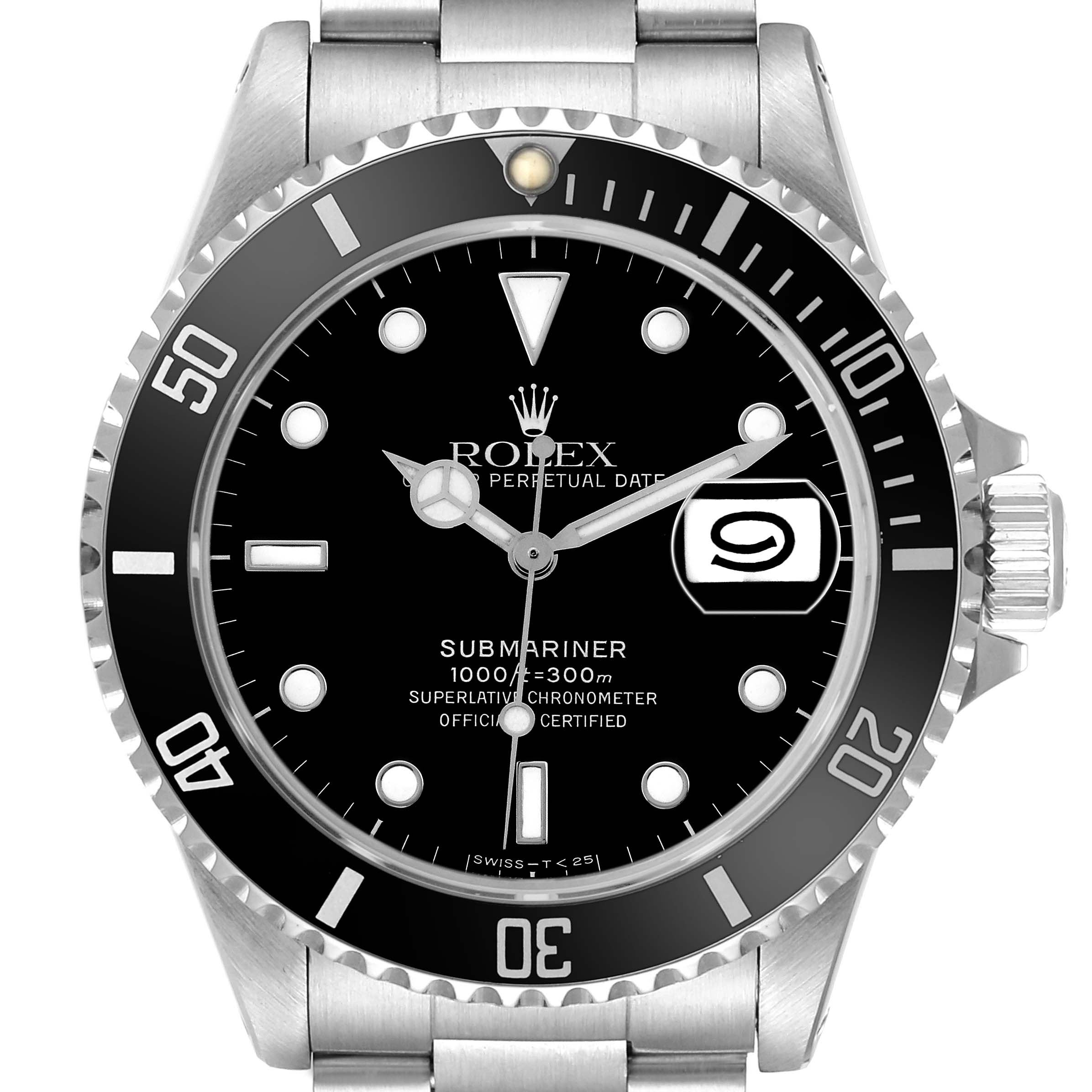 The Rolex Submariner 16610 Men's Stainless Steel Black Dial watch is shown from a front angle, displaying its face, bezel, and part of the bracelet.