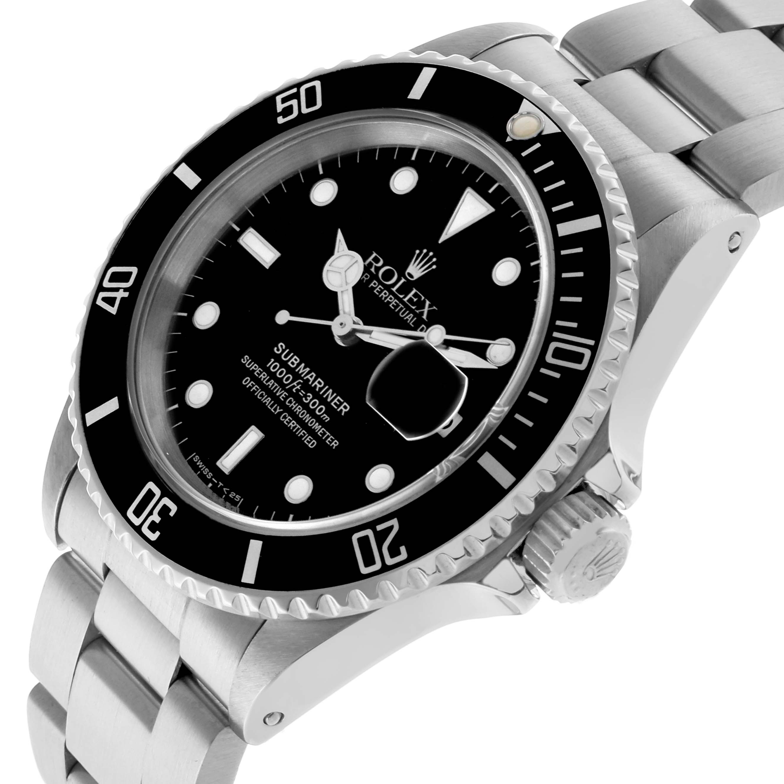 The image shows a Rolex Submariner 16610 Men's Stainless Steel Black Dial watch at a three-quarter angle, highlighting the dial, bezel, crown, and stainless steel bracelet.