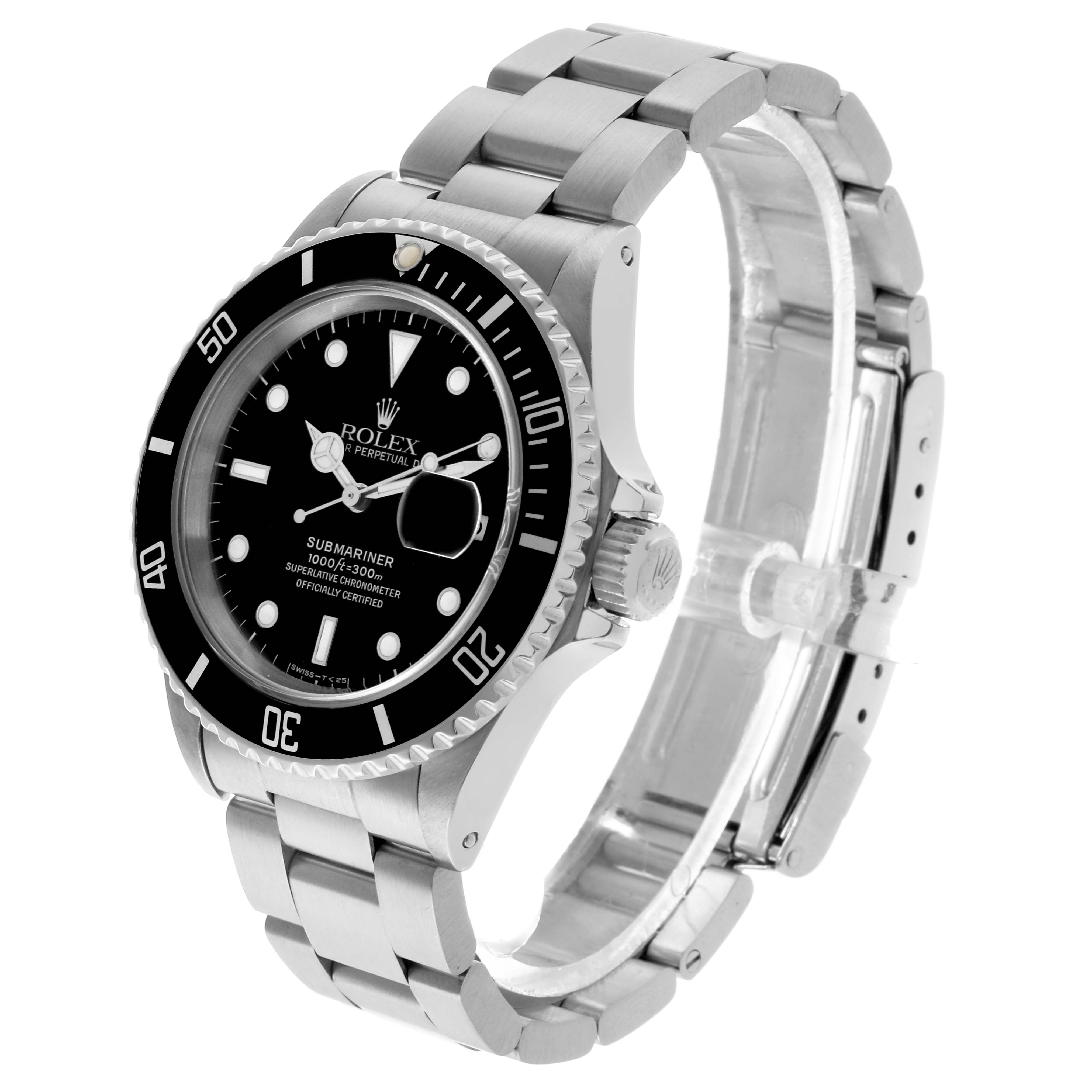 The Rolex Submariner 16610 Men's Stainless Steel Black Dial watch is shown in a three-quarter view, highlighting the dial, bezel, crown, and bracelet.