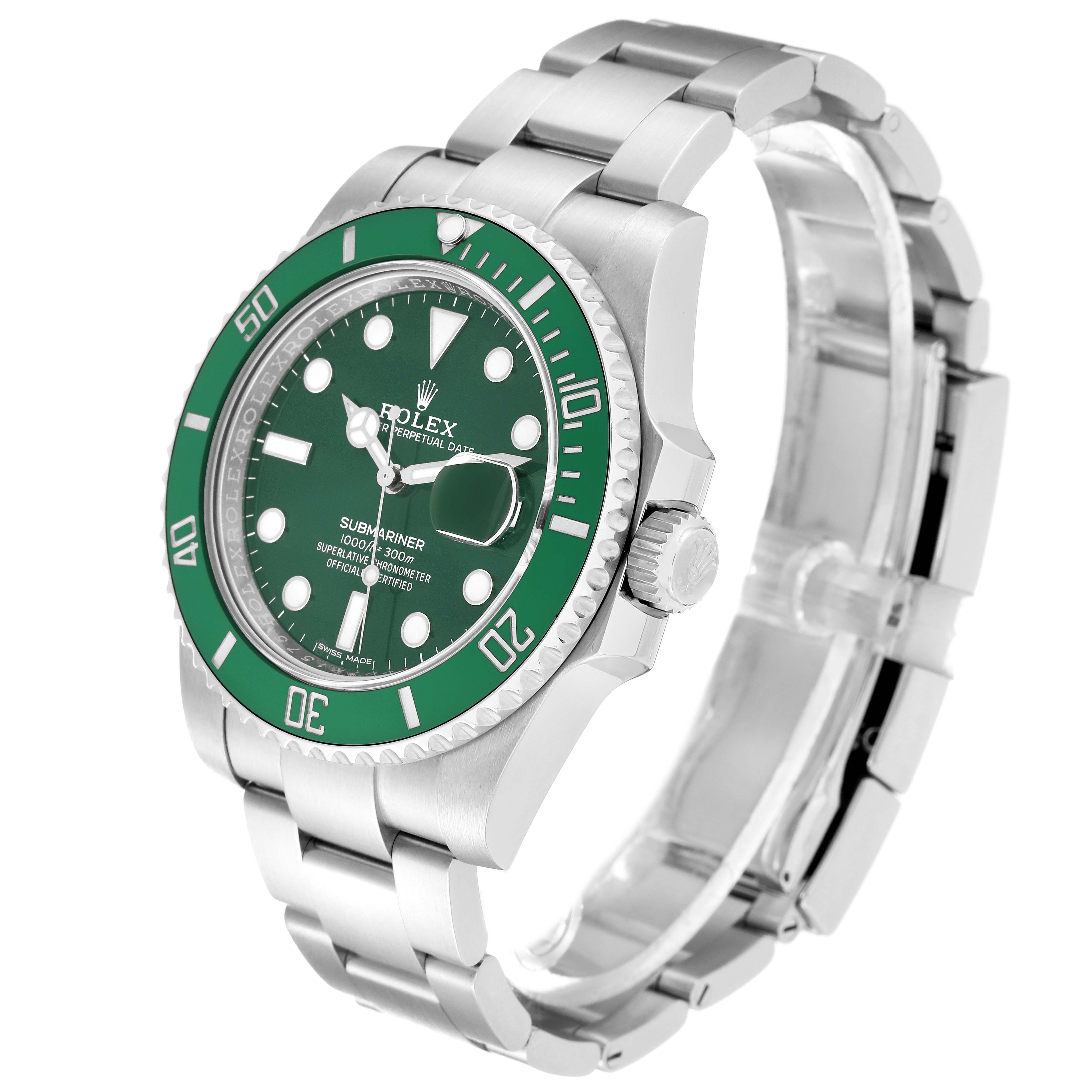 The image shows a Rolex Submariner 116610LV Men's Stainless Steel Green Dial 116610LV Men's Stainless Steel Green Dial model watch angled to the right, displaying the face, bezel, crown, and part of the bracelet.