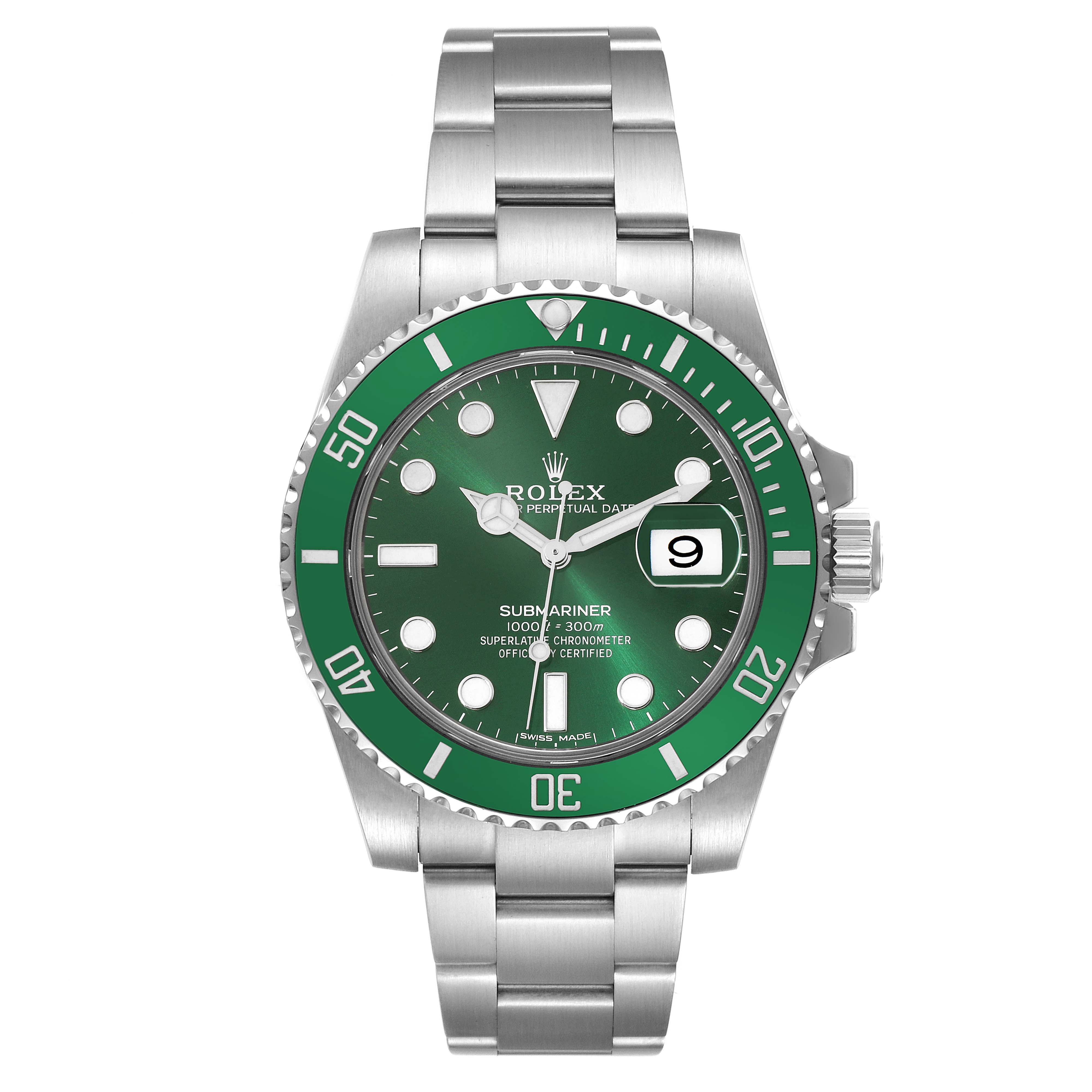 The image shows a front view of the Rolex Submariner 116610LV Men's Stainless Steel Green Dial 116610LV Men's Stainless Steel Green Dial watch, highlighting its green dial, bezel, and stainless steel band.