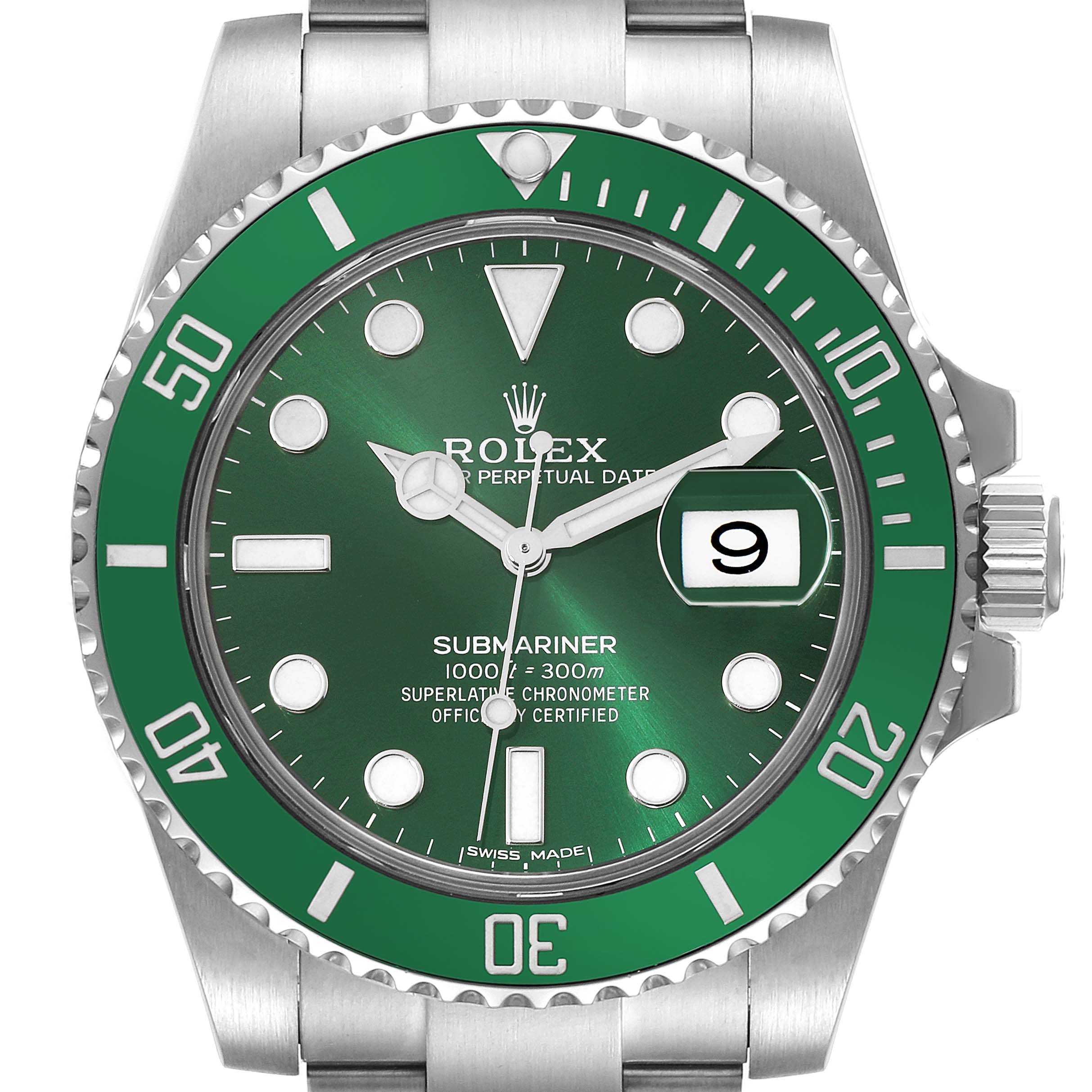 The image shows a front view of a Rolex Submariner 116610LV Men's Stainless Steel Green Dial 116610LV Men's Stainless Steel Green Dial watch featuring a green bezel and dial with a date display.
