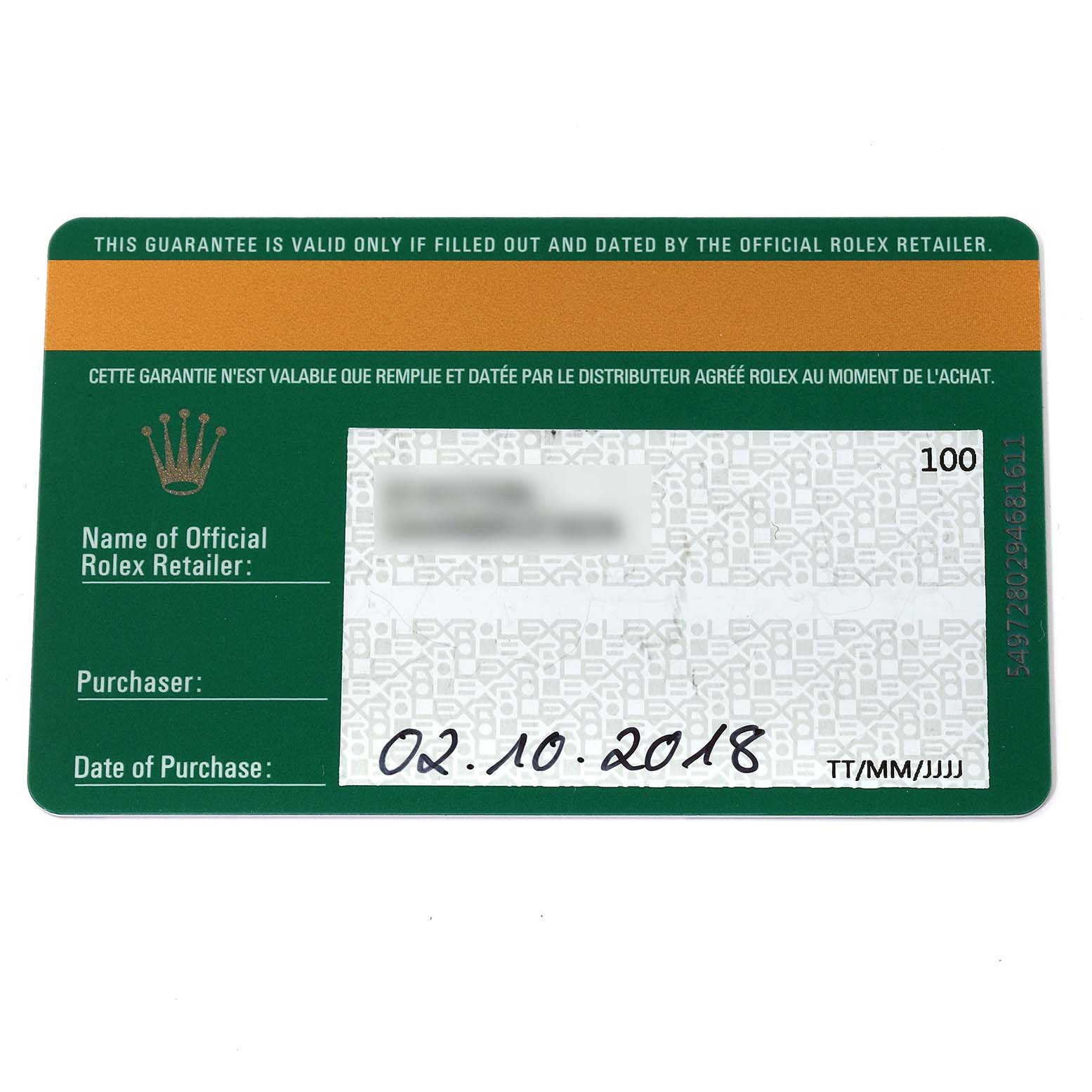 This is a top view of a Rolex warranty card for the Submariner model, showing purchase details and retailer information.