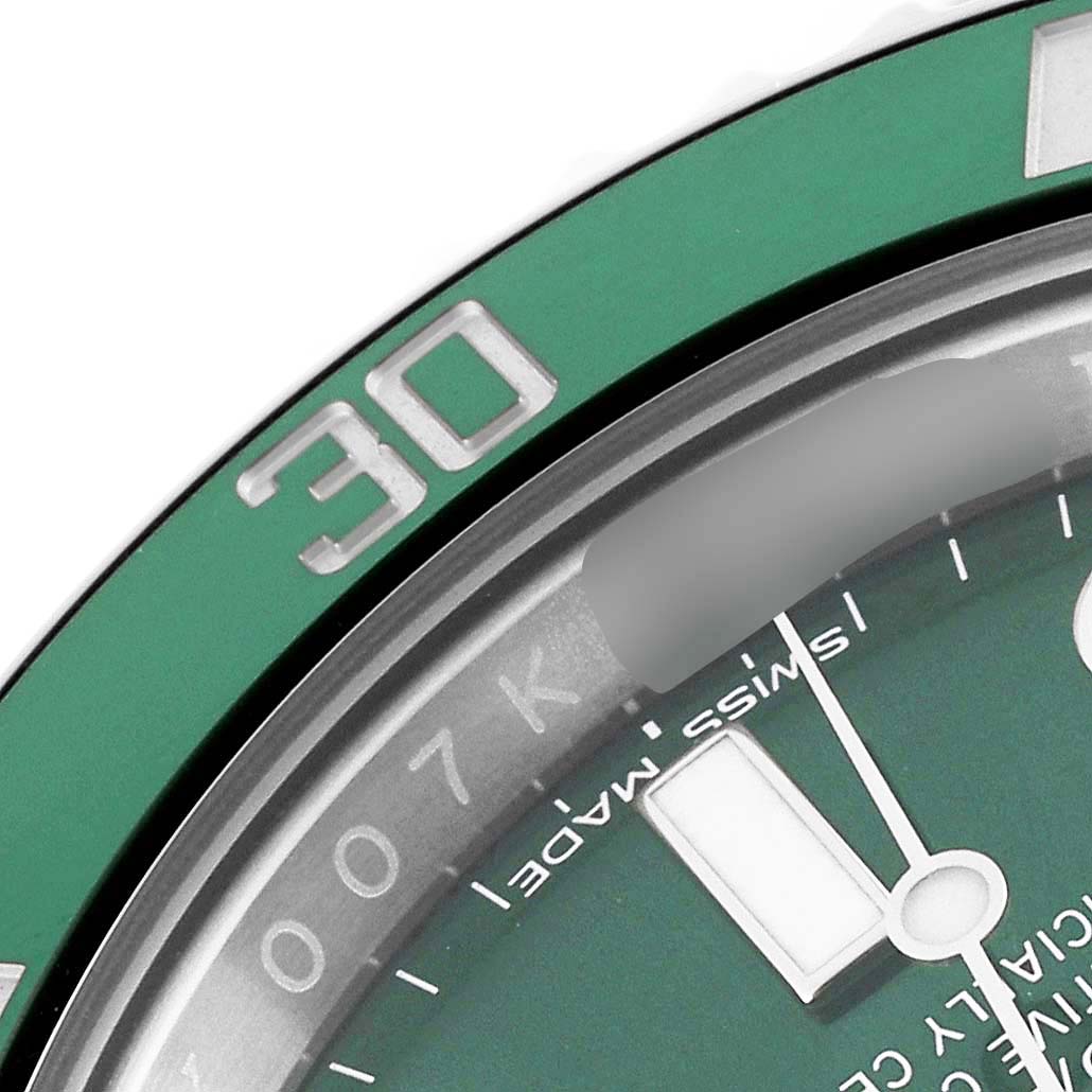 The image shows a close-up of the bezel and dial of the Rolex Submariner 116610LV Men's Stainless Steel Green Dial 116610LV Men's Stainless Steel Green Dial watch, highlighting the 30-minute marker.