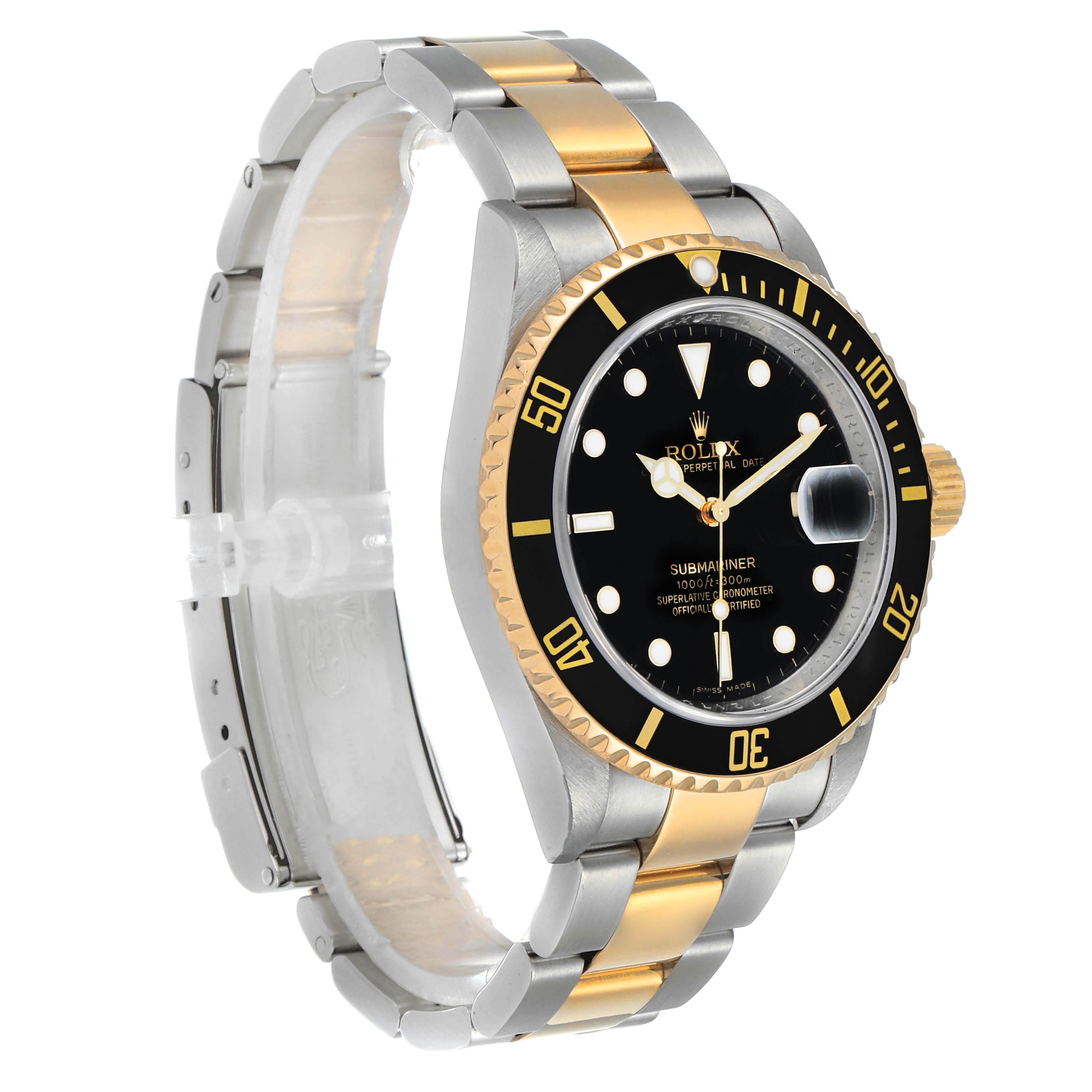 The Rolex Submariner 16613 Men's Steel and Gold (two tone) Black Dial 16613 Men's Steel and Gold (two tone) Black Dial watch is shown at an angle highlighting its two-tone bracelet, black bezel, and black dial.