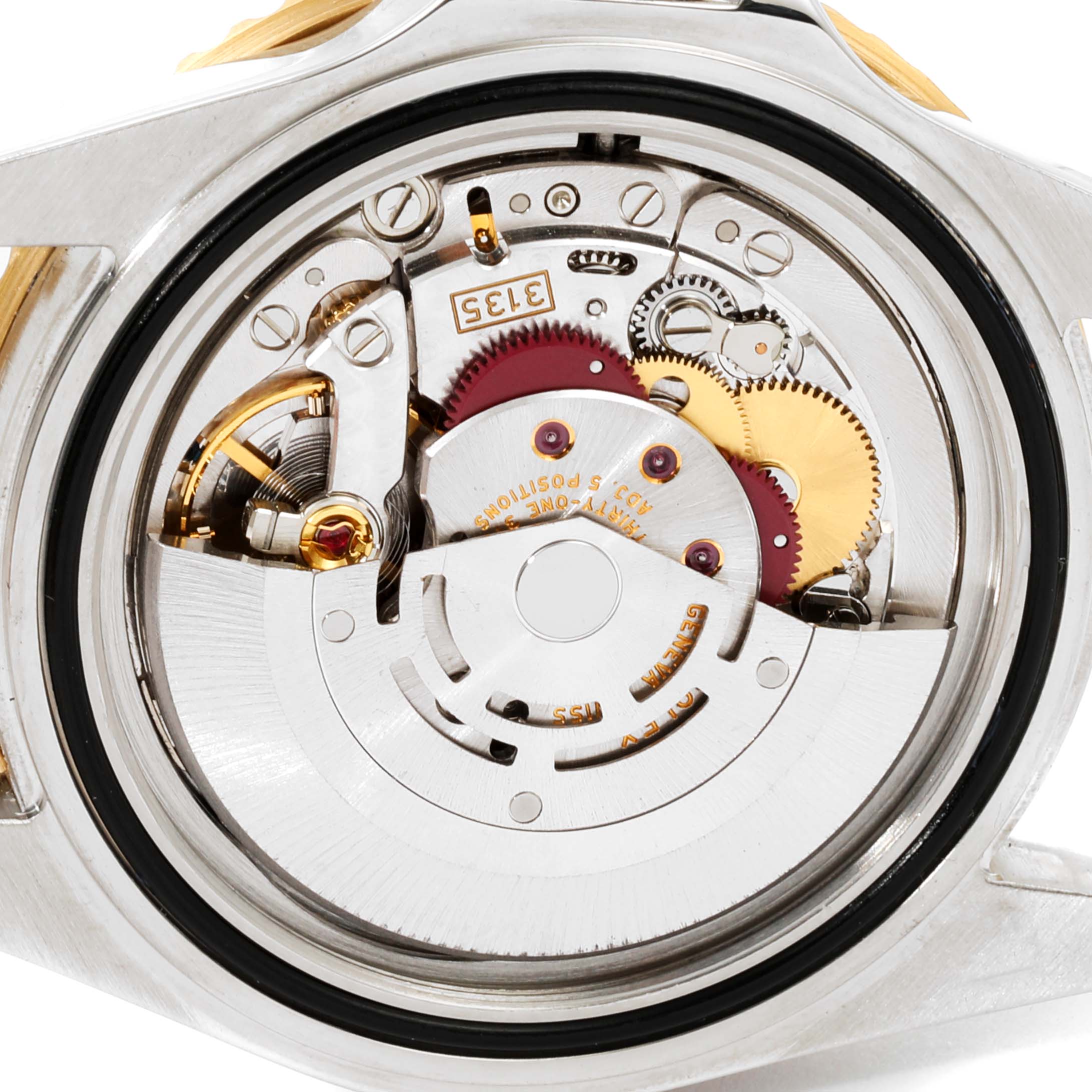 The image shows the backside of the Rolex Submariner 16613 Men's Steel and Gold (two tone) Black Dial 16613 Men's Steel and Gold (two tone) Black Dial watch, revealing its intricate internal mechanical movement.