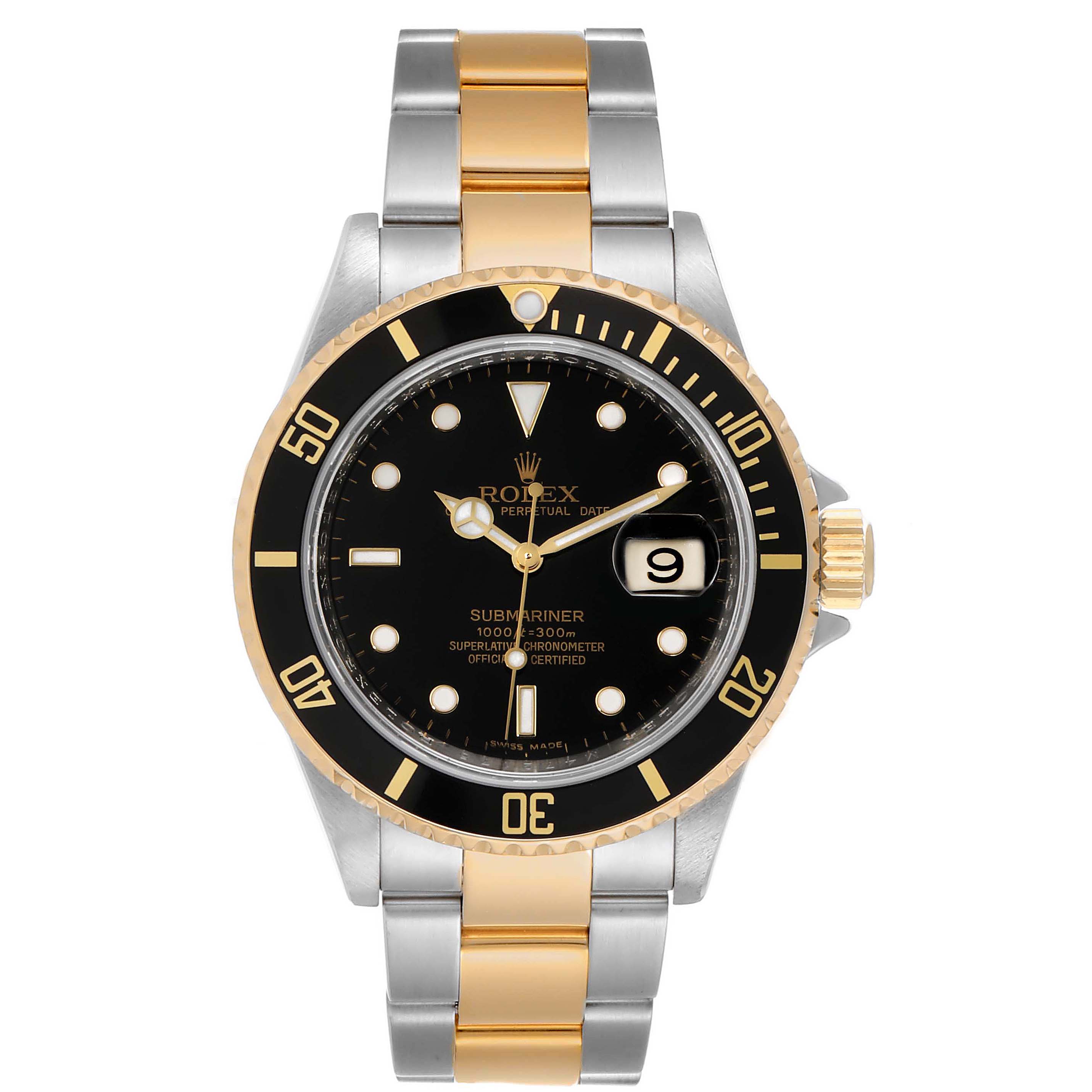 This is a frontal view of the Rolex Submariner 16613 Men's Steel and Gold (two tone) Black Dial 16613 Men's Steel and Gold (two tone) Black Dial watch, showing the dial, bezel, bracelet, and crown.