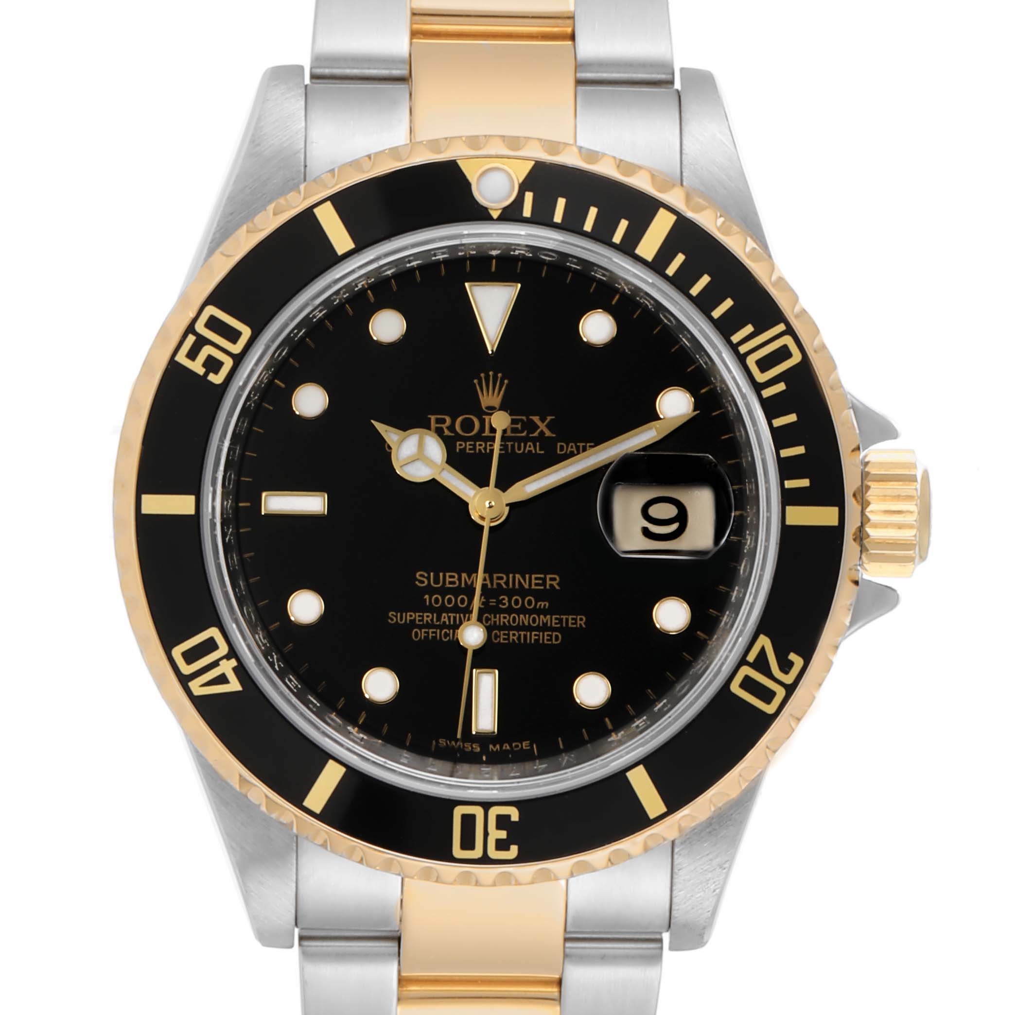 The image shows a front view of a Rolex Submariner 16613 Men's Steel and Gold (two tone) Black Dial 16613 Men's Steel and Gold (two tone) Black Dial model watch with a black dial, gold accents, and a two-tone bracelet.