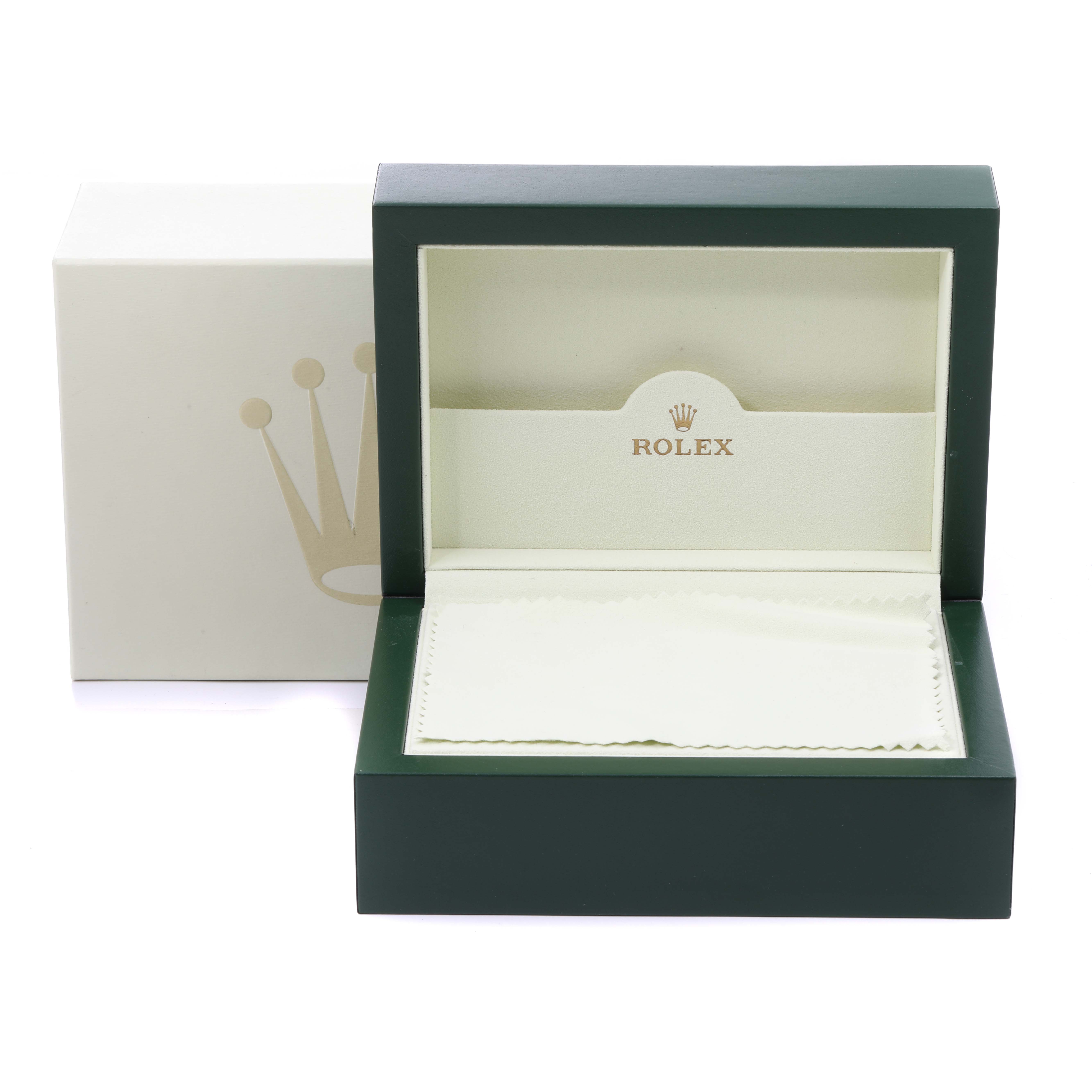 The image shows an open Rolex Submariner 16613 Men's Steel and Gold (two tone) Black Dial 16613 Men's Steel and Gold (two tone) Black Dial box from a front angle with its outer packaging included.