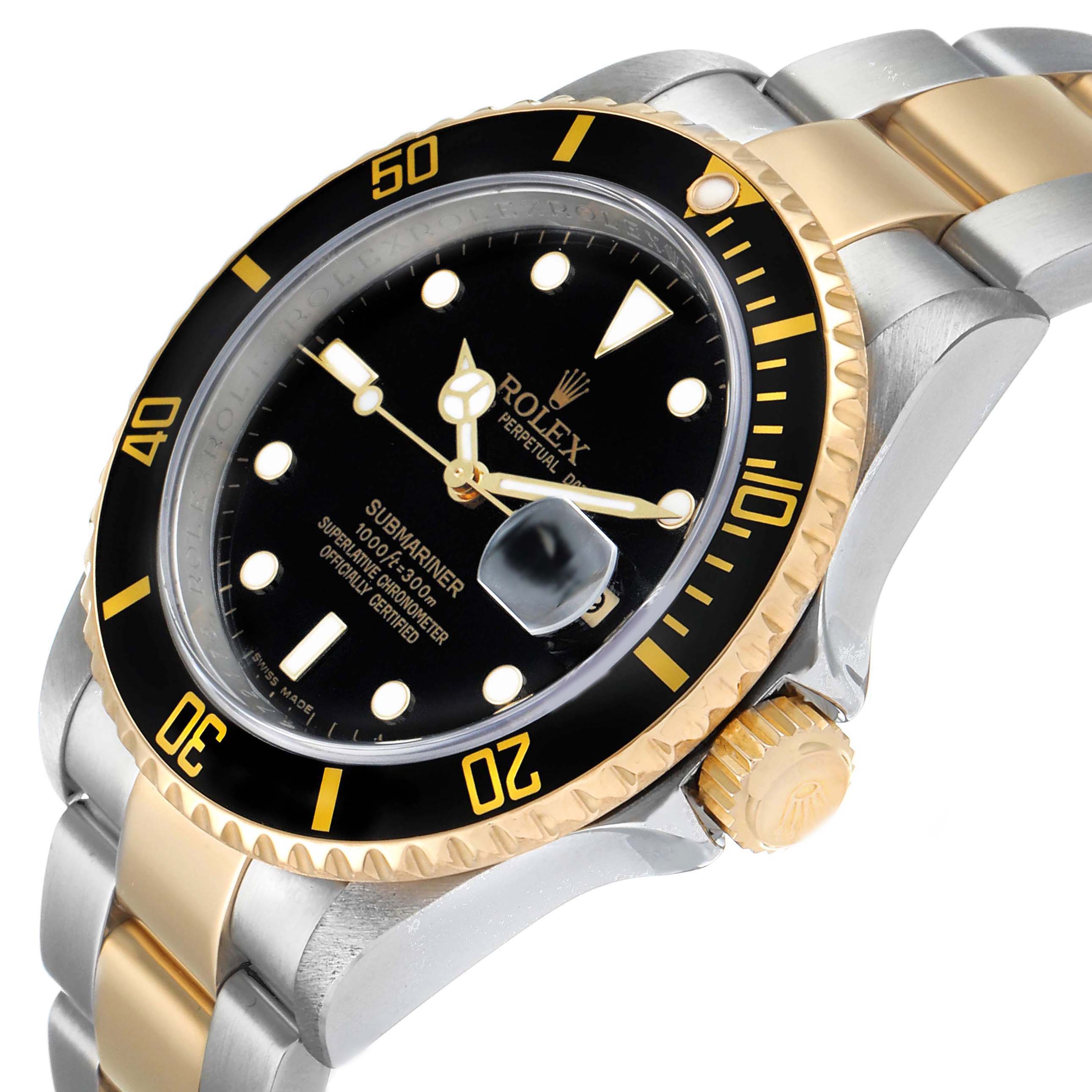 The image shows a close-up side angle of the Rolex Submariner 16613 Men's Steel and Gold (two tone) Black Dial 16613 Men's Steel and Gold (two tone) Black Dial, highlighting the dial, bezel, crown, and part of the bracelet.
