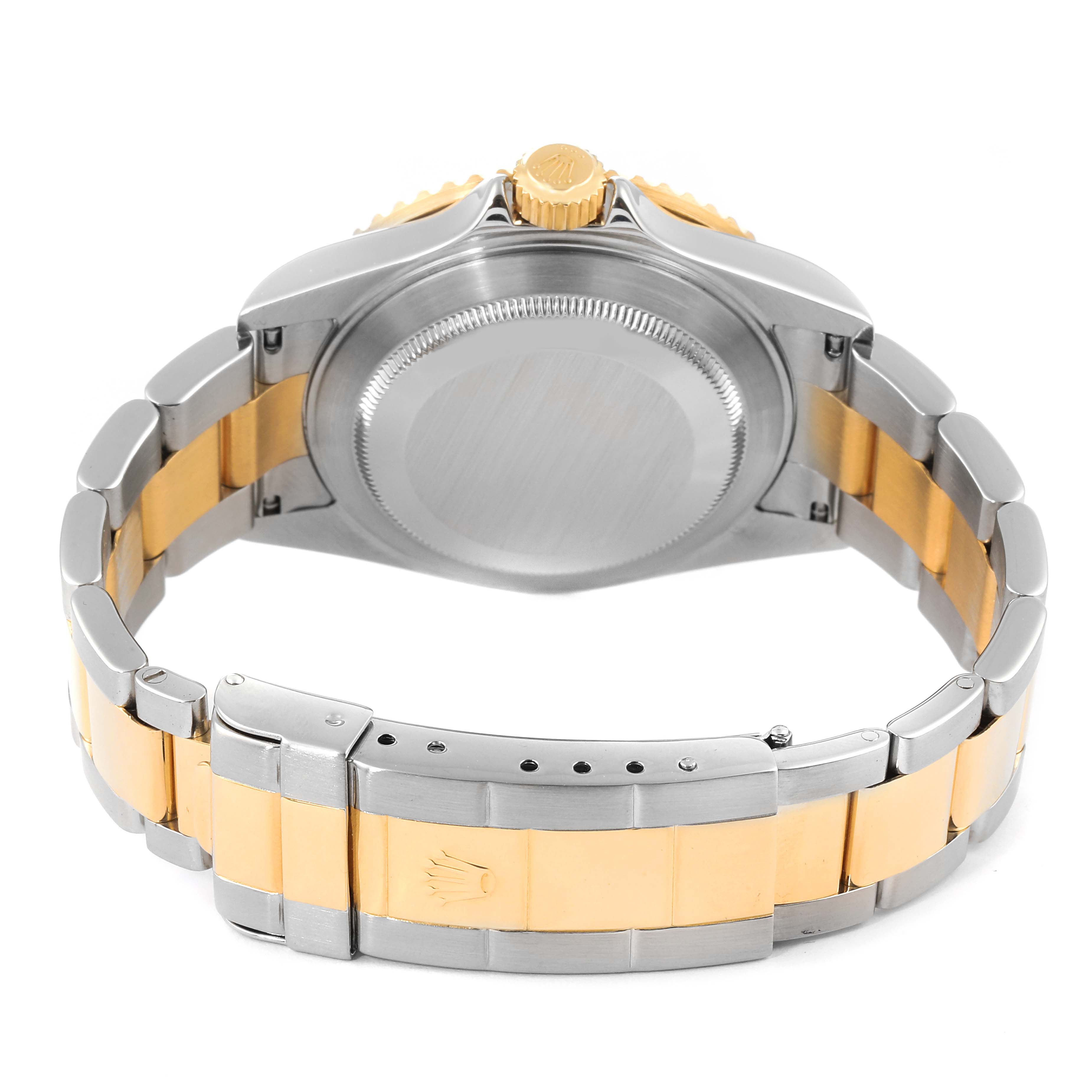 The image shows the back view of a Rolex Submariner 16613 Men's Steel and Gold (two tone) Black Dial 16613 Men's Steel and Gold (two tone) Black Dial watch, highlighting the case back and the two-tone bracelet.