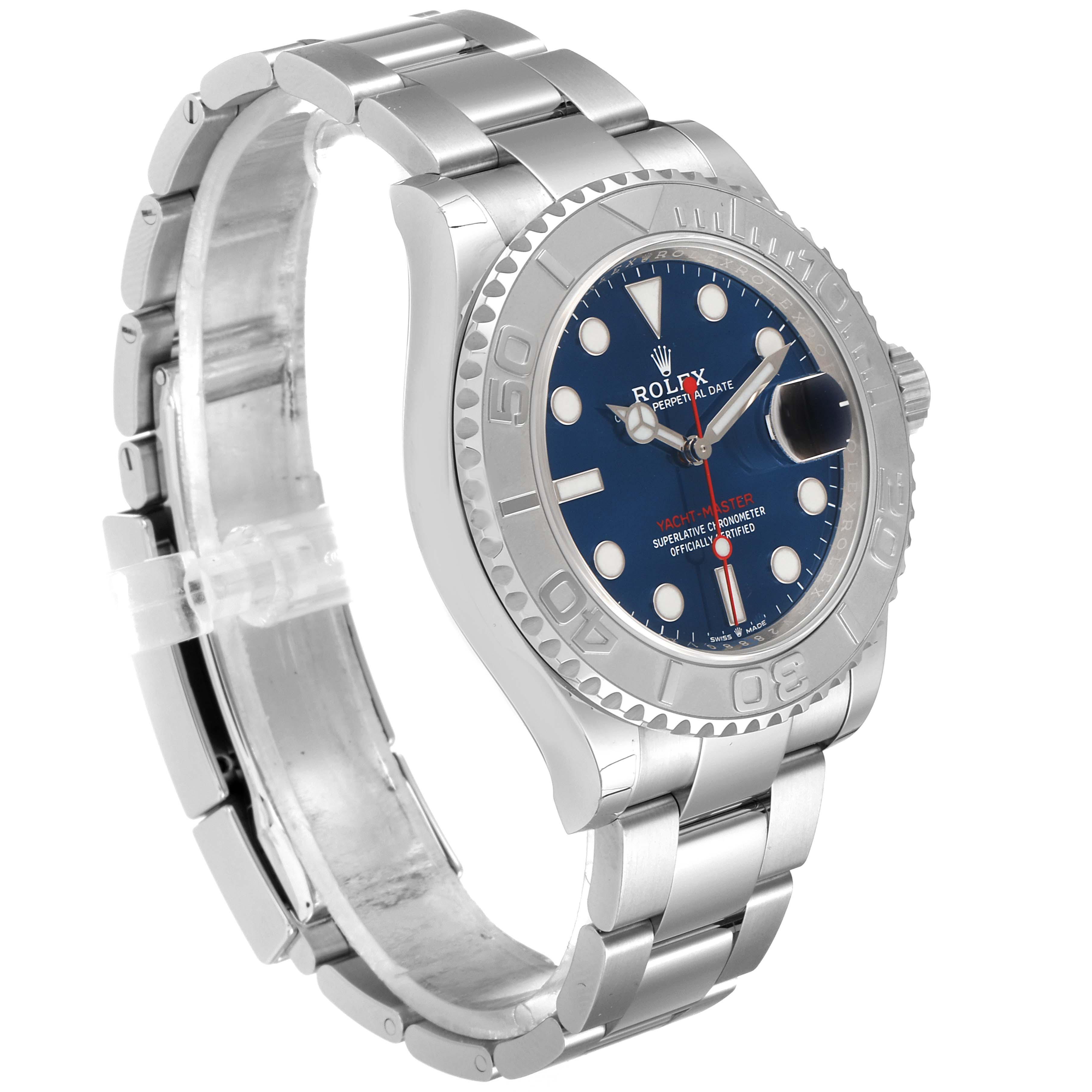 The Rolex Yacht-Master 126622 Men's Stainless Steel Blue Dial 126622 Men's Stainless Steel Blue Dial watch is shown from a slightly left-angled side view, displaying the face, bezel, and bracelet.