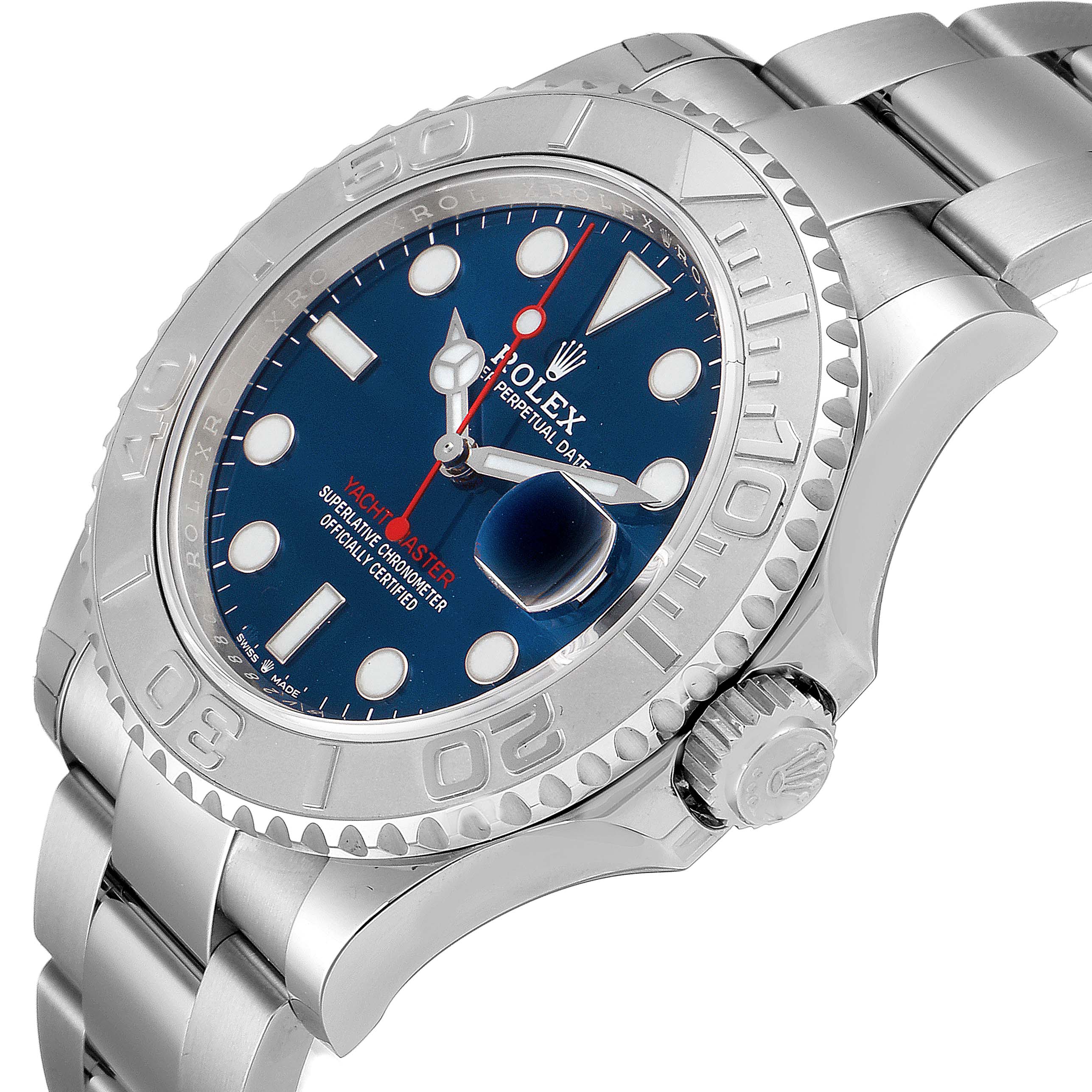 This image shows the Rolex Yacht-Master 126622 Men's Stainless Steel Blue Dial 126622 Men's Stainless Steel Blue Dial watch from a side angle, highlighting the bezel, dial, and bracelet.
