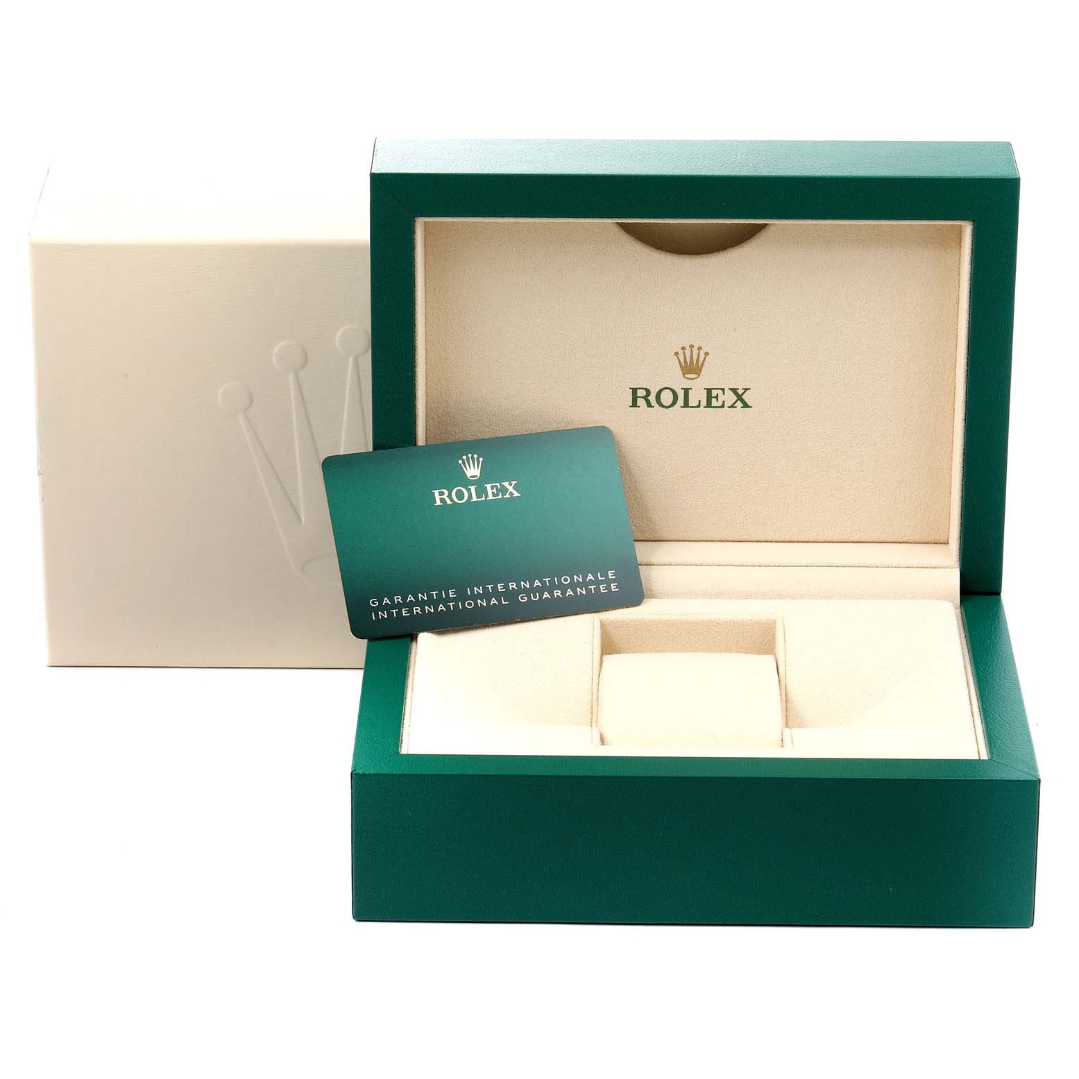This image shows the packaging and international guarantee card of a Rolex Yacht-Master 126622 Men's Stainless Steel Blue Dial 126622 Men's Stainless Steel Blue Dial watch.