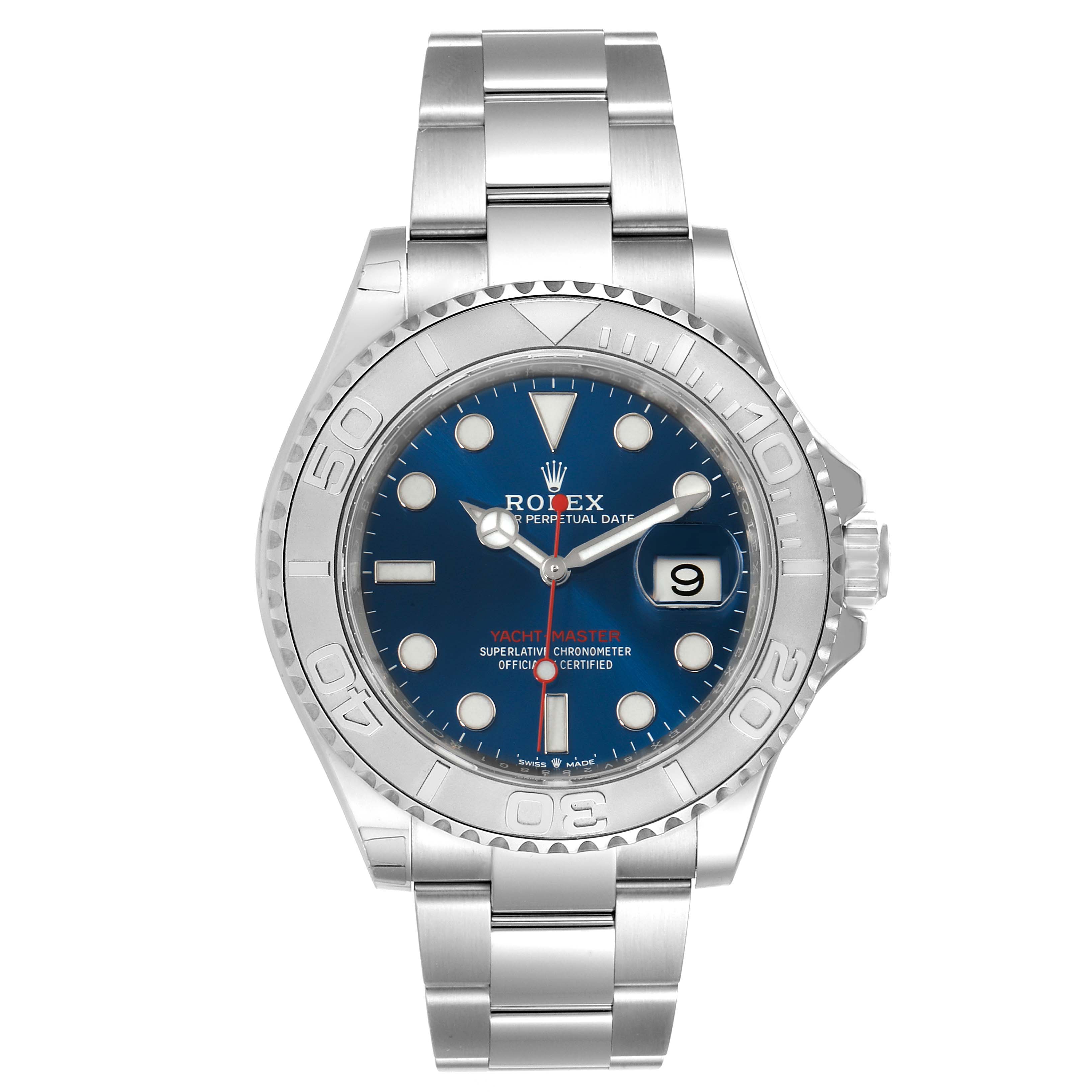 The image shows a front view of the Rolex Yacht-Master 126622 Men's Stainless Steel Blue Dial 126622 Men's Stainless Steel Blue Dial watch, displaying its face, bezel, and metal bracelet.