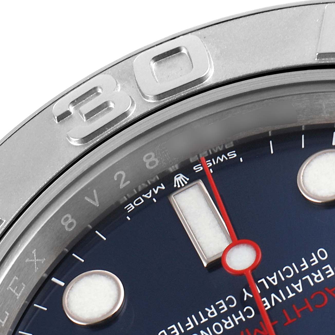 This close-up image shows the bezel and part of the dial of a Rolex Yacht-Master 126622 Men's Stainless Steel Blue Dial 126622 Men's Stainless Steel Blue Dial watch.
