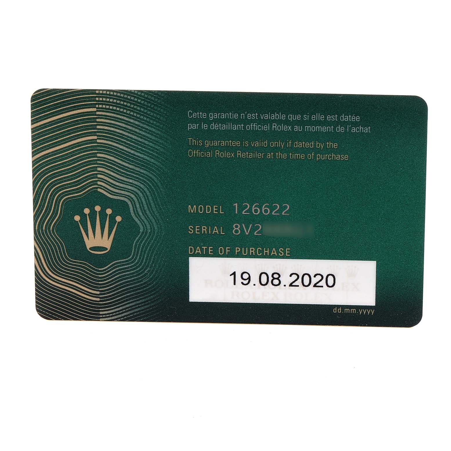 This image shows a green card with details such as the model number, serial number, and purchase date for a Rolex Yacht-Master 126622 Men's Stainless Steel Blue Dial 126622 Men's Stainless Steel Blue Dial watch.