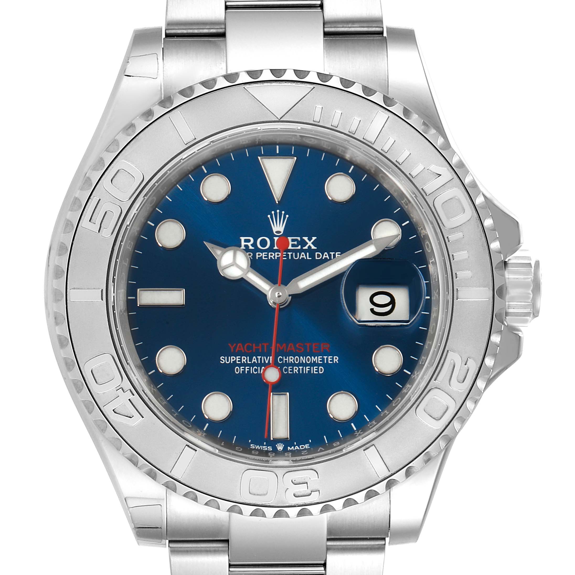 This image shows a Rolex Yacht-Master 126622 Men's Stainless Steel Blue Dial 126622 Men's Stainless Steel Blue Dial watch from a front angle, highlighting its dial, bezel, and part of the bracelet.