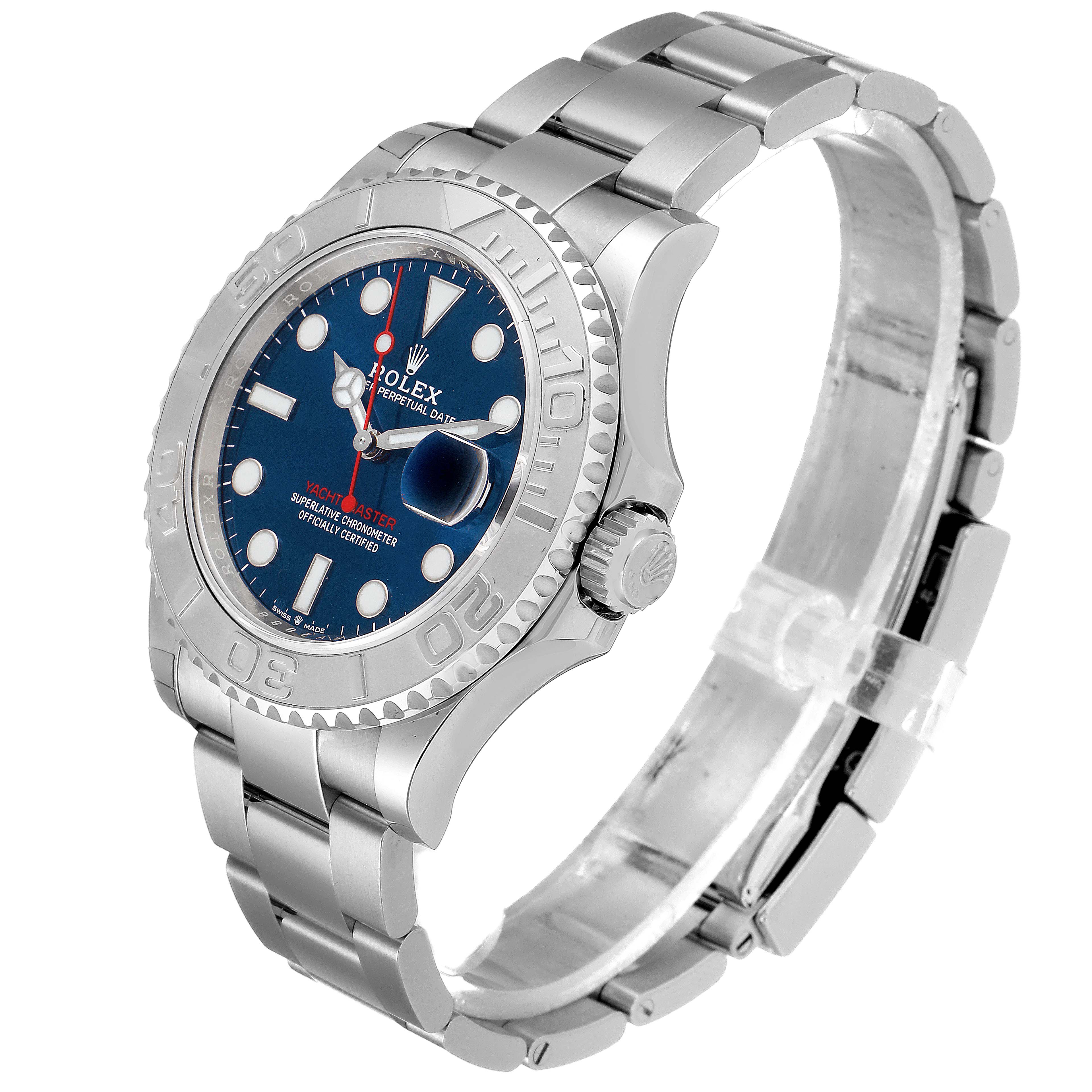 This image depicts a side view of the Rolex Yacht-Master 126622 Men's Stainless Steel Blue Dial 126622 Men's Stainless Steel Blue Dial watch, showcasing its dial, bezel, crown, and bracelet.