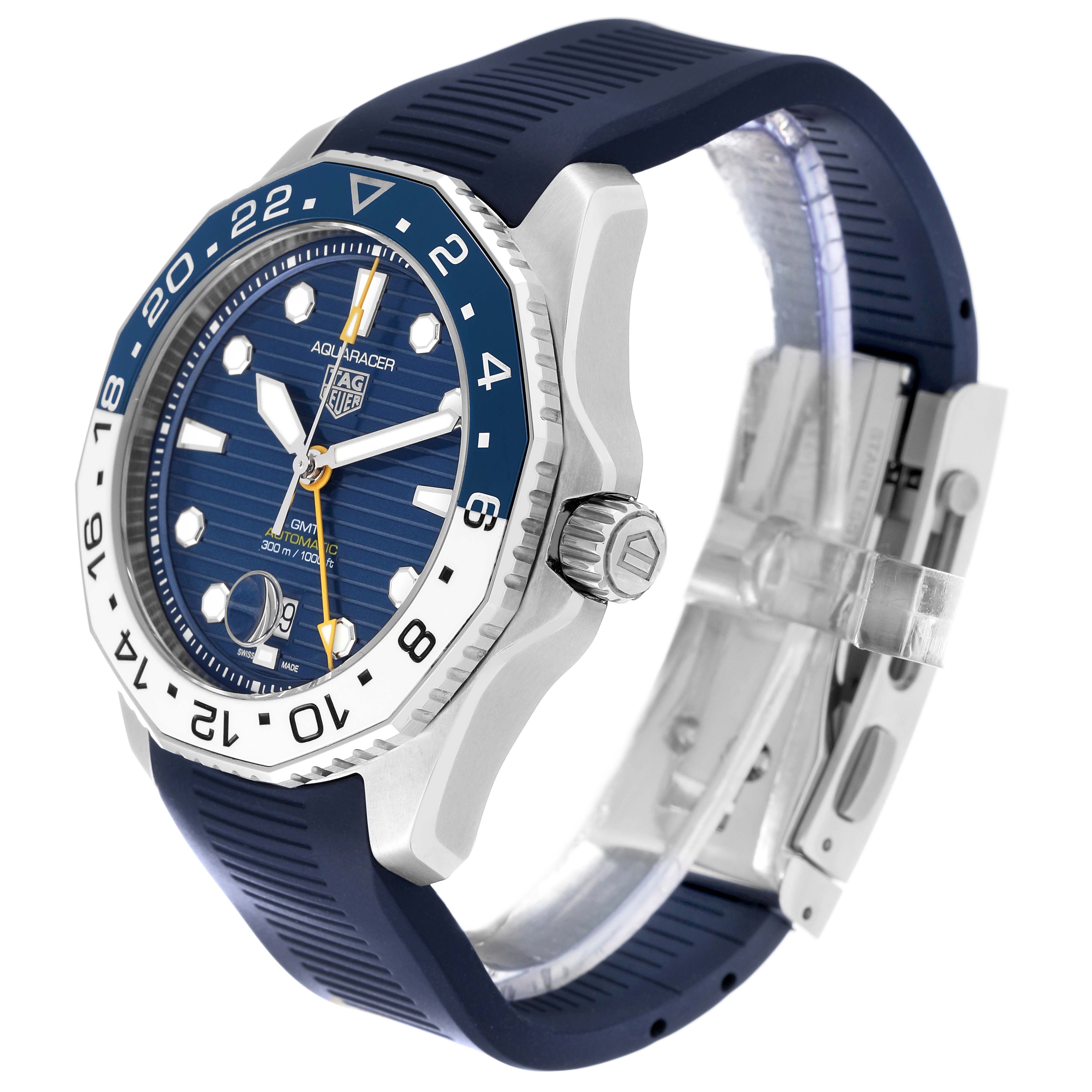 The image shows a side angle of the Tag Heuer Aquaracer WBP2010.BA0632 Men's Stainless Steel Blue Dial WBP2010.BA0632 Men's Stainless Steel Blue Dial watch, displaying the face, bezel, crown, and strap.