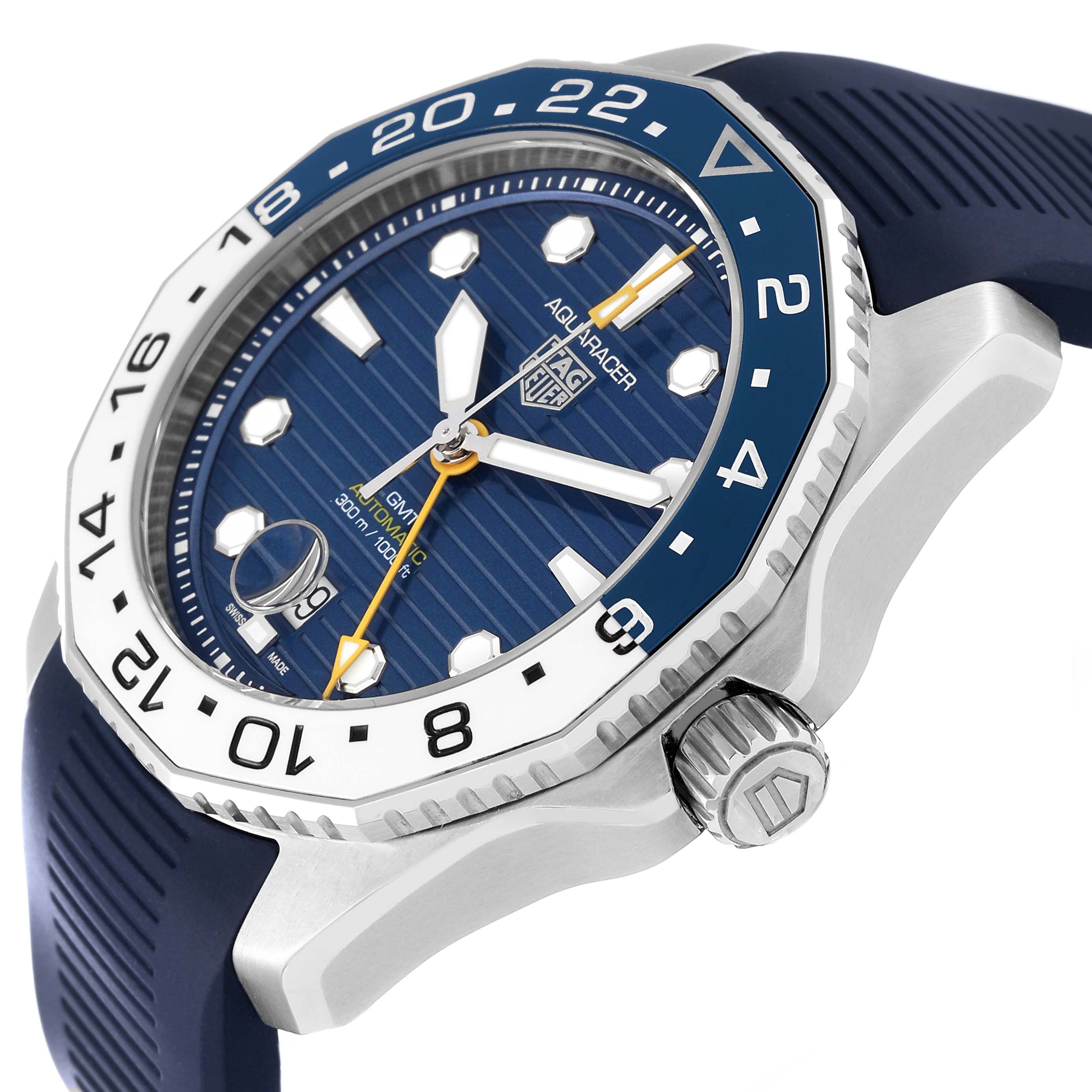 This image shows a side angle of the Tag Heuer Aquaracer WBP2010.BA0632 Men's Stainless Steel Blue Dial WBP2010.BA0632 Men's Stainless Steel Blue Dial watch, highlighting its bezel, dial, and crown.