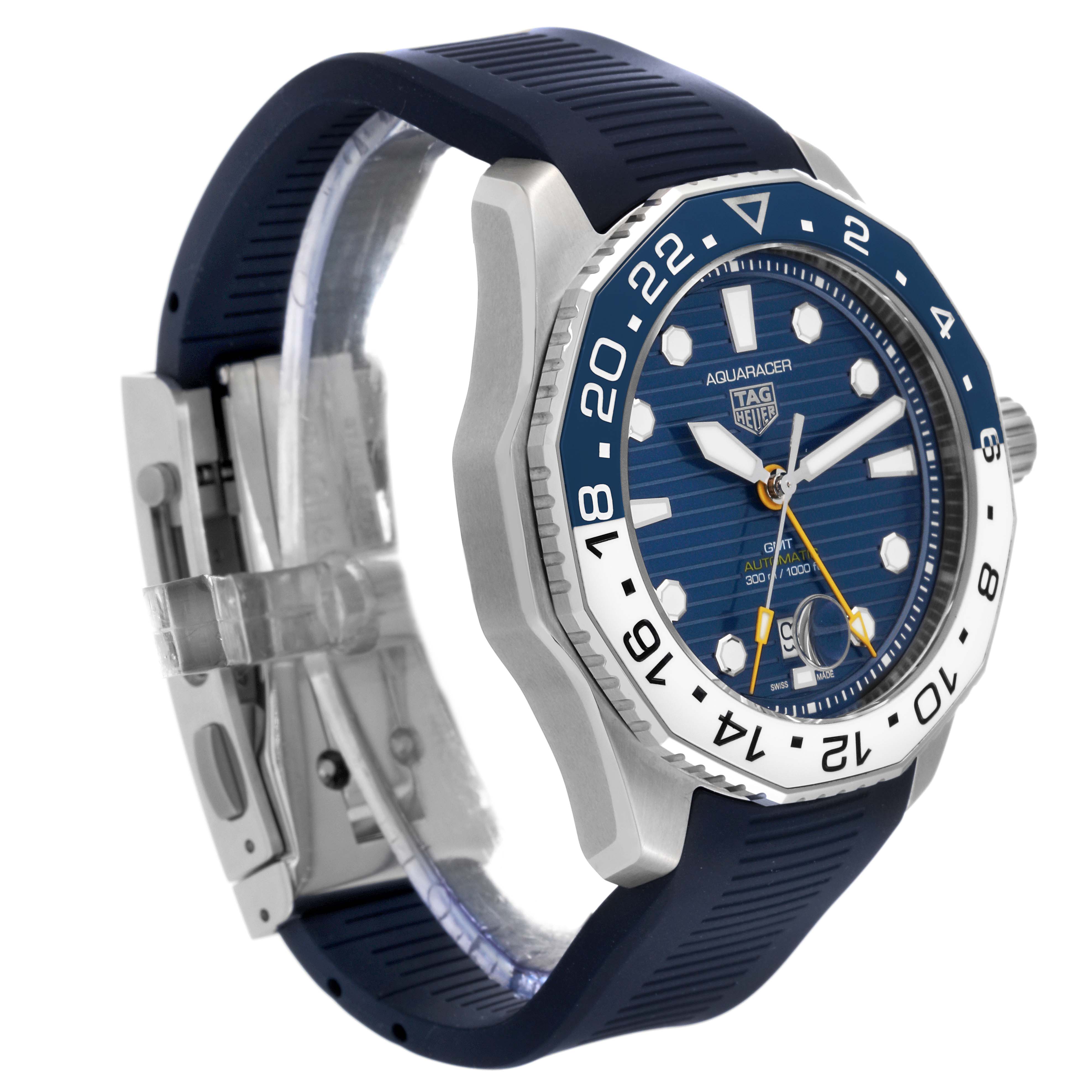 The image shows a side and front angle of the Tag Heuer Aquaracer WBP2010.BA0632 Men's Stainless Steel Blue Dial WBP2010.BA0632 Men's Stainless Steel Blue Dial watch, highlighting its blue dial, bezel, and strap.
