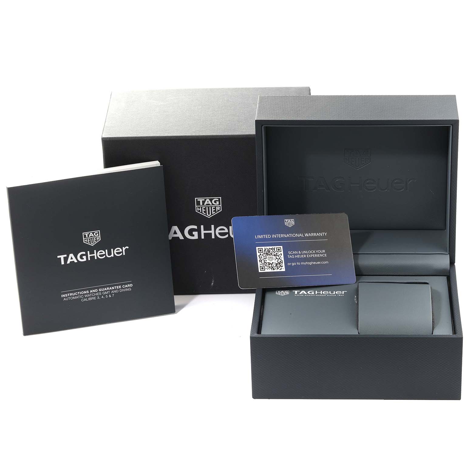 The image shows the box, guarantee card, and packaging for a Tag Heuer Aquaracer WBP2010.BA0632 Men's Stainless Steel Blue Dial WBP2010.BA0632 Men's Stainless Steel Blue Dial watch.
