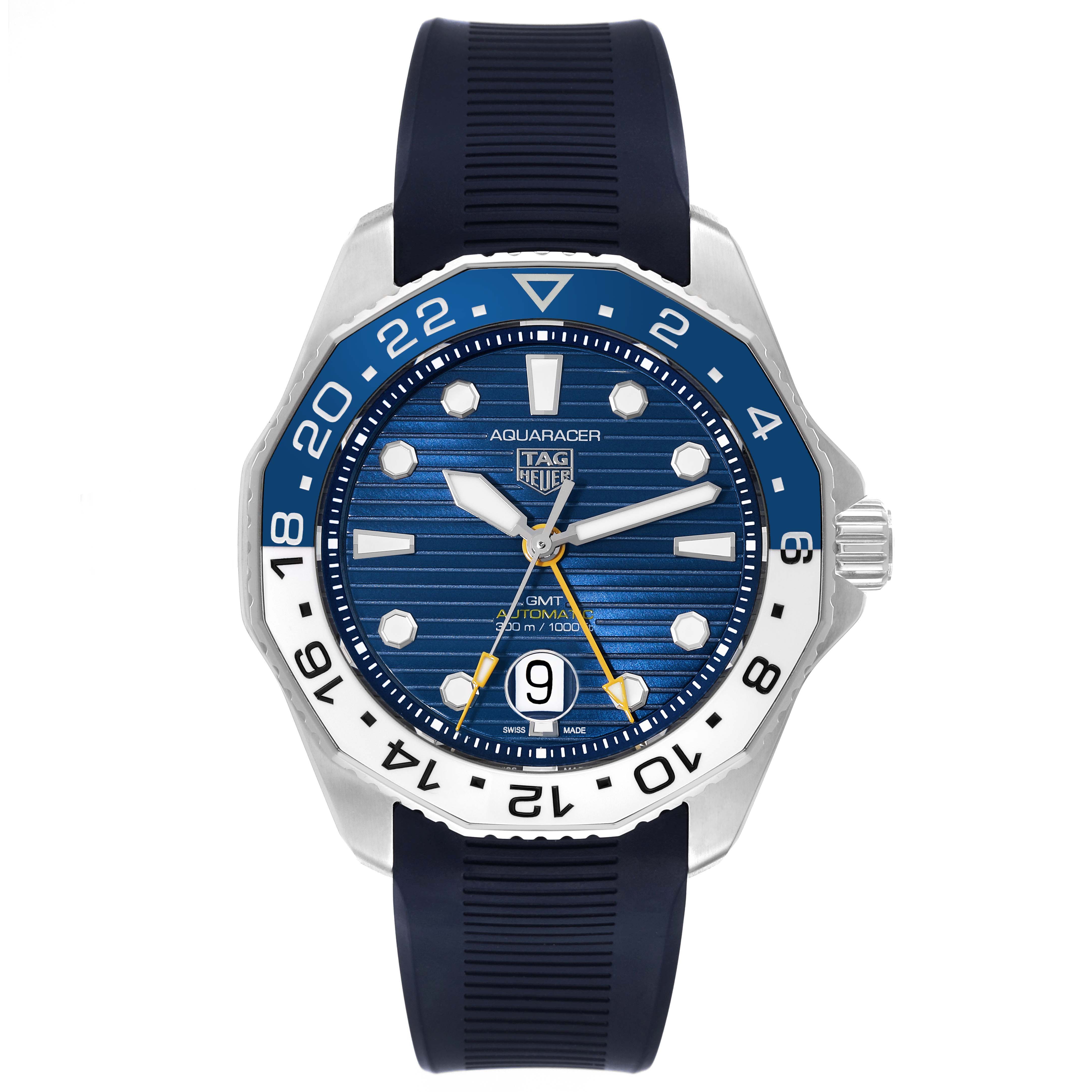 The image shows a front view of a Tag Heuer Aquaracer WBP2010.BA0632 Men's Stainless Steel Blue Dial WBP2010.BA0632 Men's Stainless Steel Blue Dial watch, featuring its blue dial, two-tone bezel, and rubber strap.