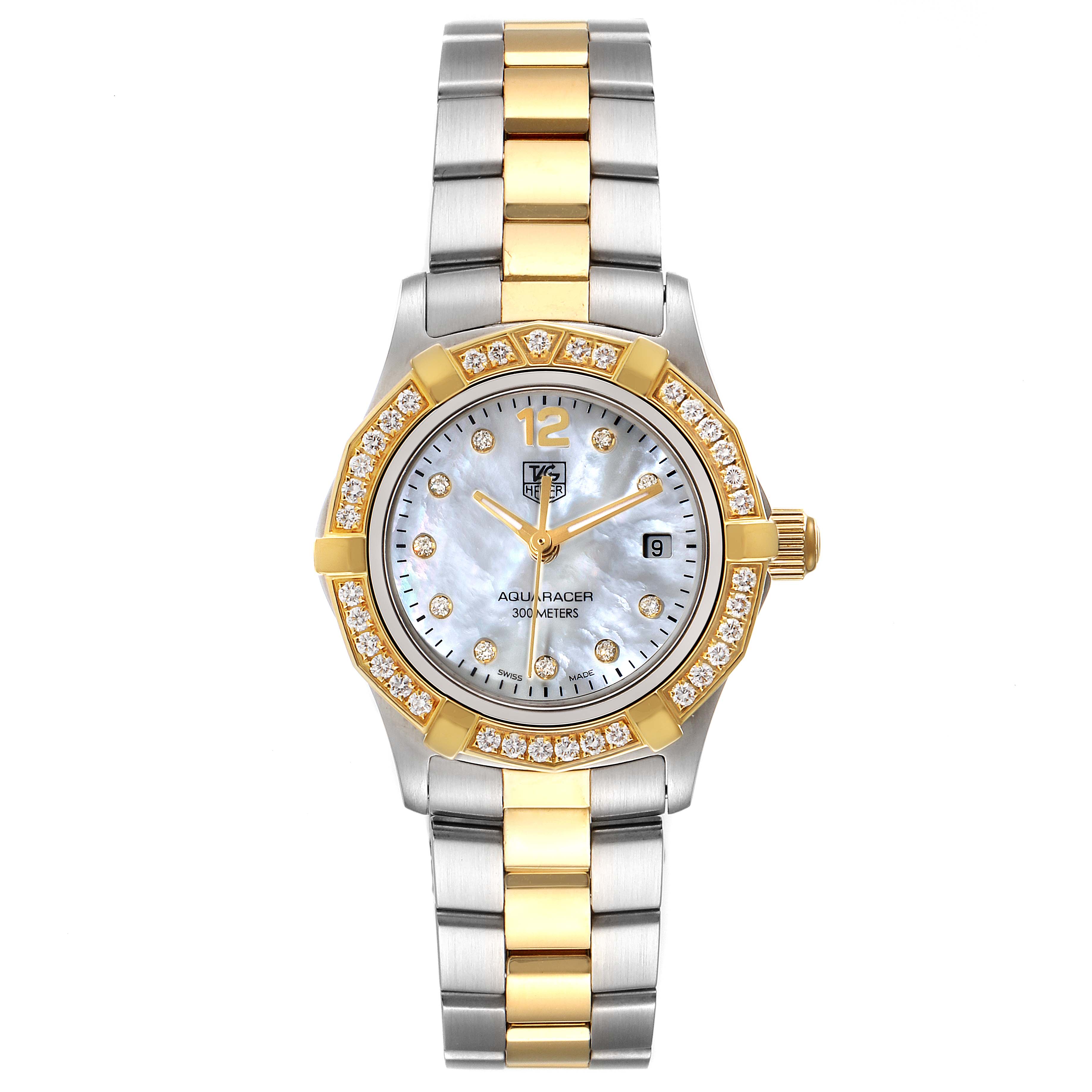This image shows a front view of a Tag Heuer Aquaracer WAF1450.BA0825 Women's Steel and Gold (two tone) Mother of Pearl Dial WAF1450.BA0825 Women's Steel and Gold (two tone) Mother of Pearl Dial watch with a two-tone band and a diamond-encrusted bezel.