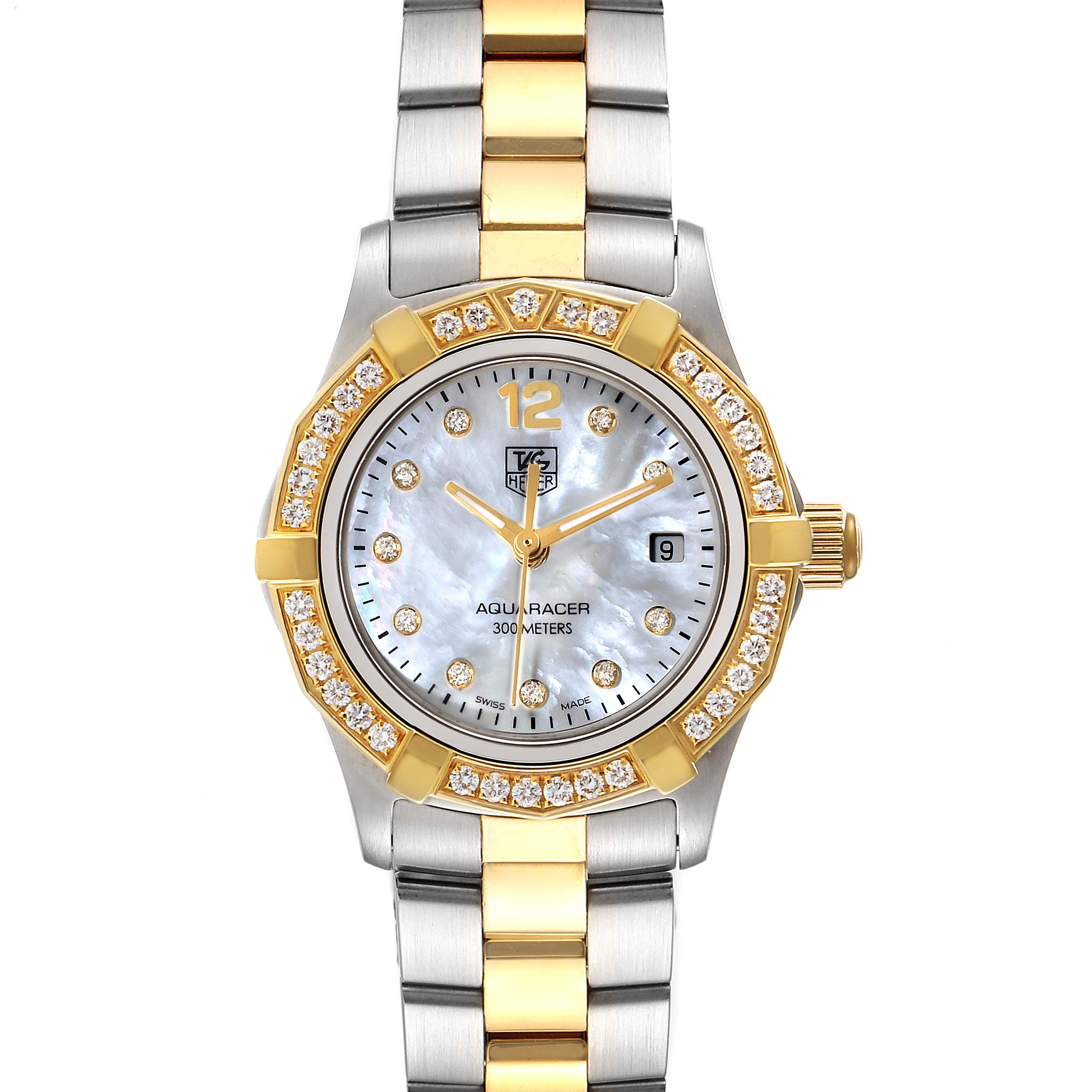 The image shows a front view of the Tag Heuer Aquaracer WAF1450.BA0825 Women's Steel and Gold (two tone) Mother of Pearl Dial WAF1450.BA0825 Women's Steel and Gold (two tone) Mother of Pearl Dial watch, highlighting its two-tone metal bracelet, diamond-set bezel, and dial.