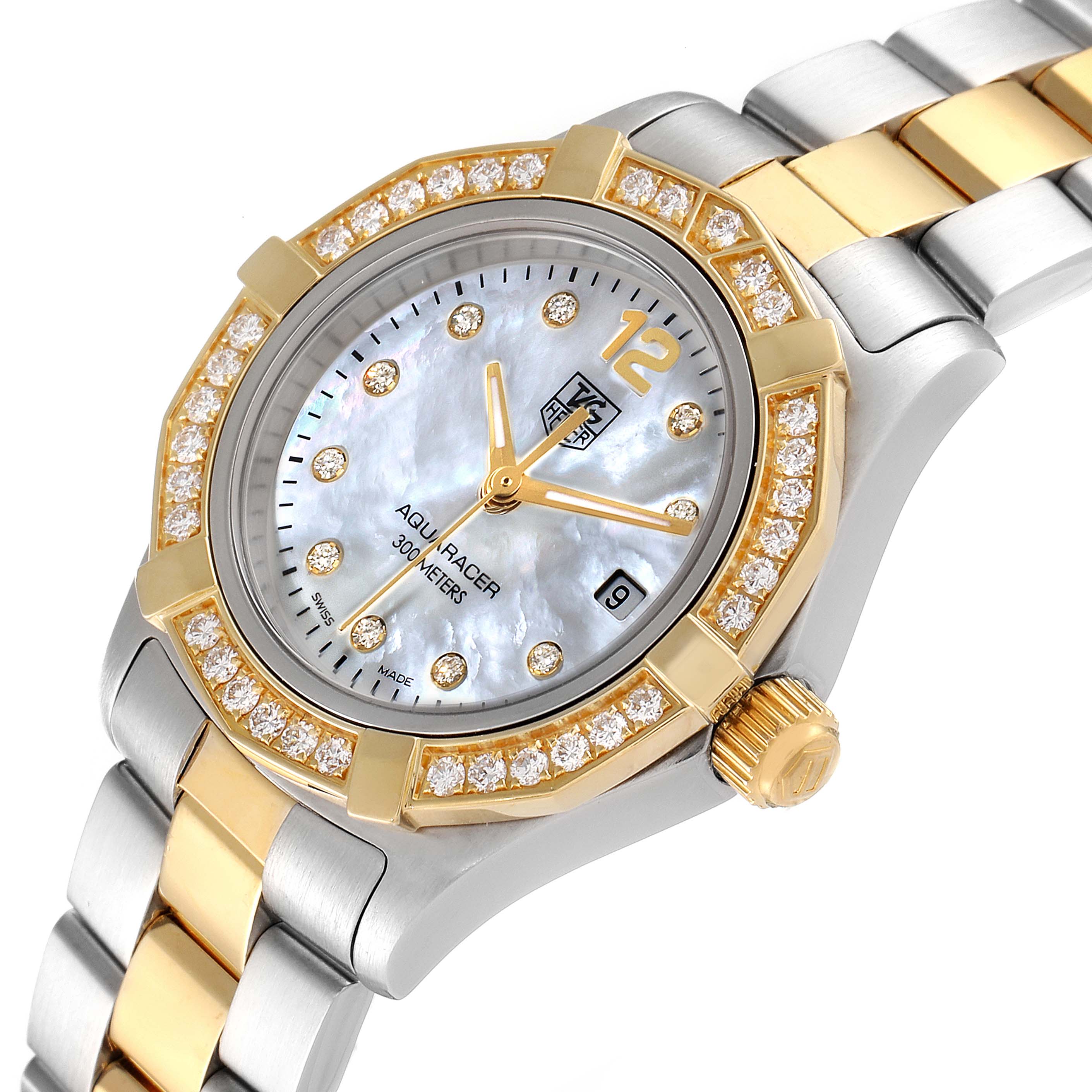 The image shows a close-up view of the Tag Heuer Aquaracer WAF1450.BA0825 Women's Steel and Gold (two tone) Mother of Pearl Dial WAF1450.BA0825 Women's Steel and Gold (two tone) Mother of Pearl Dial watch, highlighting its face, bezel, and part of its metal band.