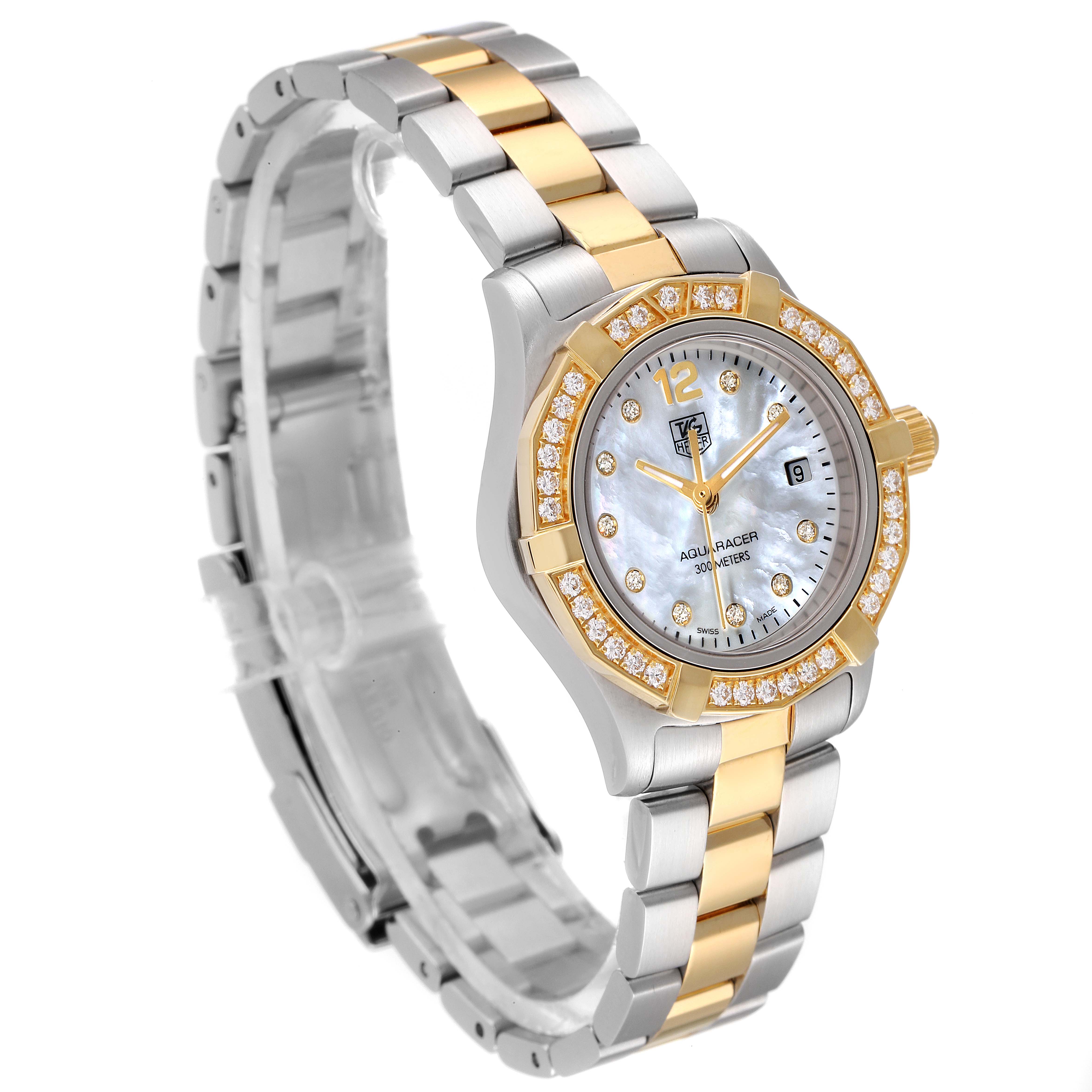 The image shows a Tag Heuer Aquaracer WAF1450.BA0825 Women's Steel and Gold (two tone) Mother of Pearl Dial WAF1450.BA0825 Women's Steel and Gold (two tone) Mother of Pearl Dial watch angled from the front-left, highlighting its bezel, dial, and two-tone bracelet.