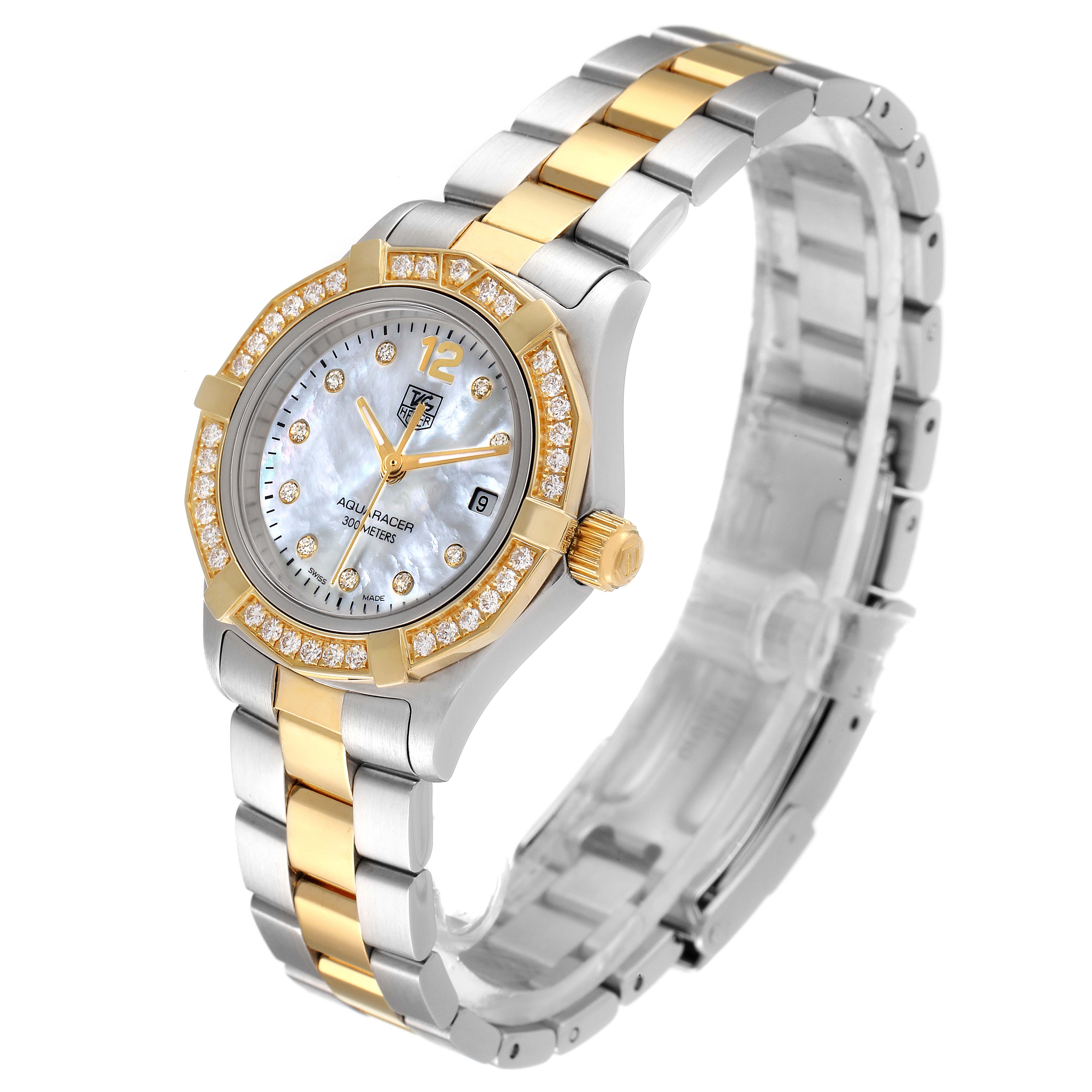 The image shows a front angle of the Tag Heuer Aquaracer WAF1450.BA0825 Women's Steel and Gold (two tone) Mother of Pearl Dial WAF1450.BA0825 Women's Steel and Gold (two tone) Mother of Pearl Dial watch, highlighting the bezel, dial, band, and crown.